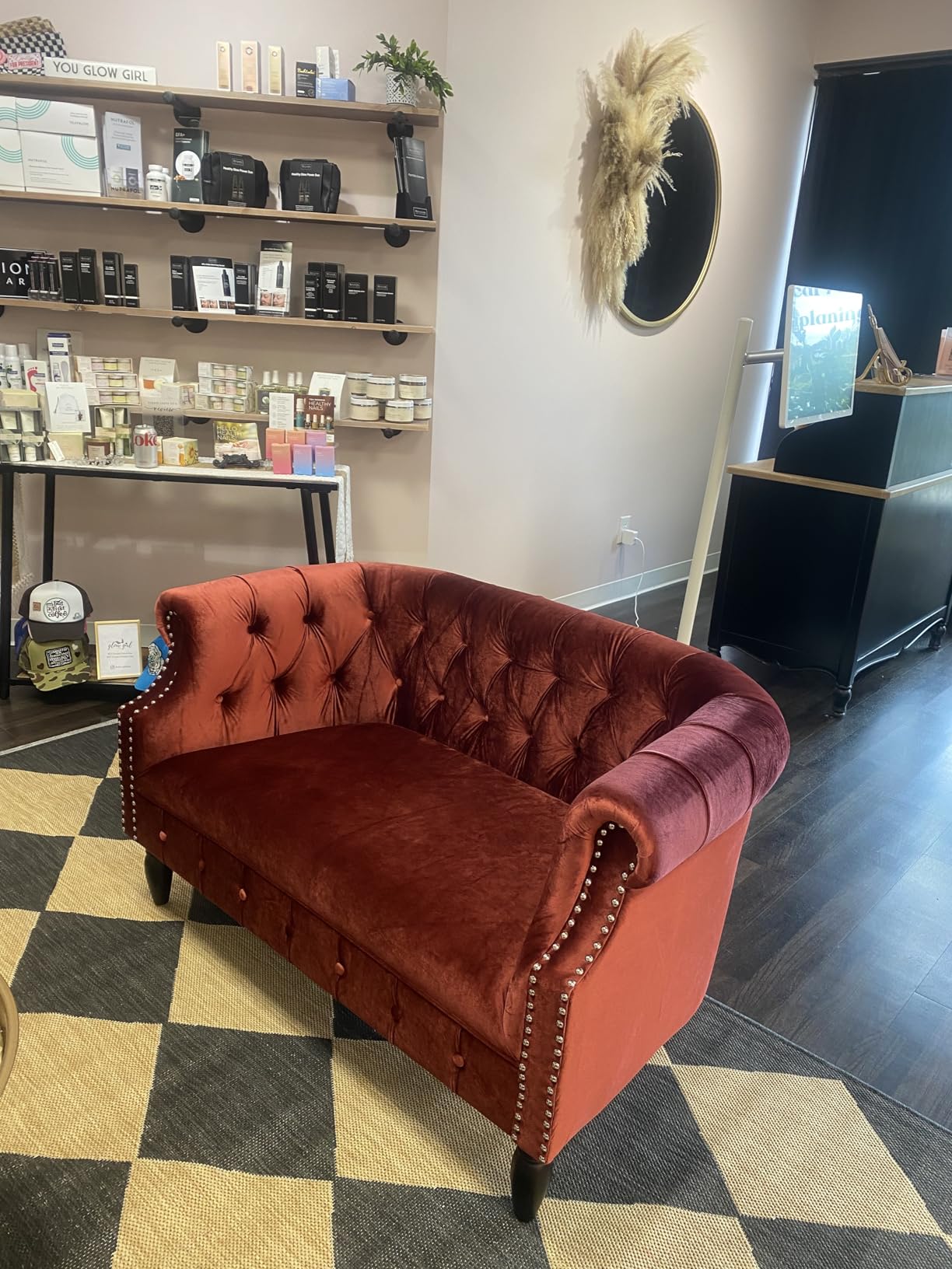 GDFStudio Melaina Tufted Chesterfield Velvet Loveseat with Scrolled Arms, Emerald and Dark Brown customer photo 1
