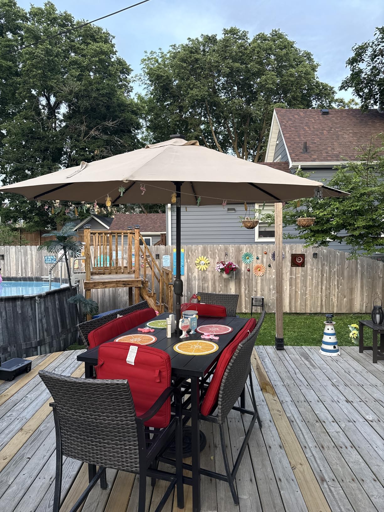 9 ft Solar Umbrella, 32 LED Lighted Patio Umbrella, Table Market Umbrella, Outdoor Umbrella for Garden, Deck, Backyard, Pool and Beach (Red) customer photo 2