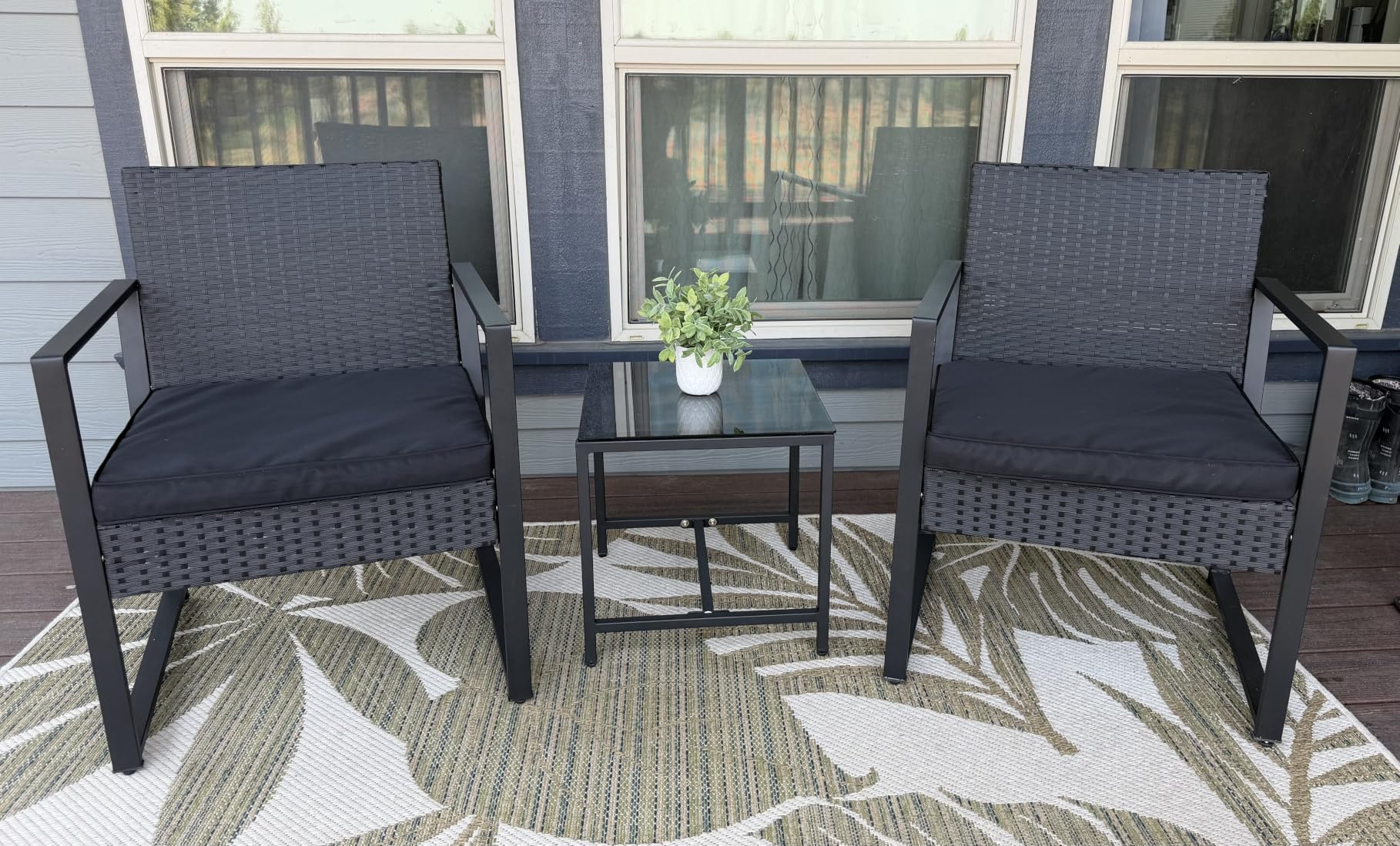 Yaheetech 3 Pieces Rattan Bistro Set, Indoor/Outdoor Wicker Patio Modern Conversation Furniture, 2 Chairs & Tempered Glass Coffee Table for Garden, Balcony, Backyard, Poolside, Black/Khaki customer photo 1
