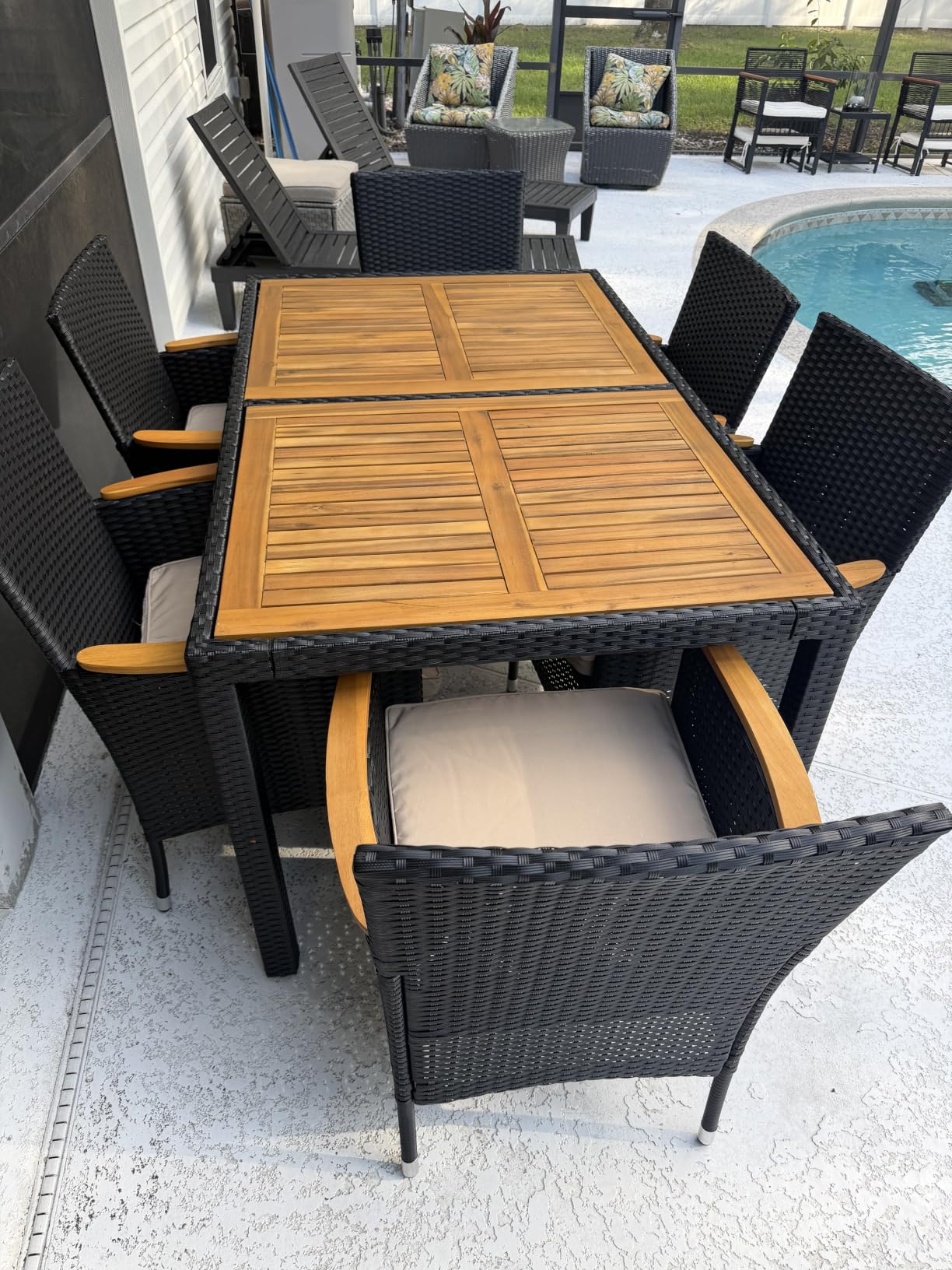 Devoko Dining 7 PCS Furniture, Patio Conversation Set with Acacia Wood Table Top, Outdoor, Beige Cushion and Black Rattan customer photo 1