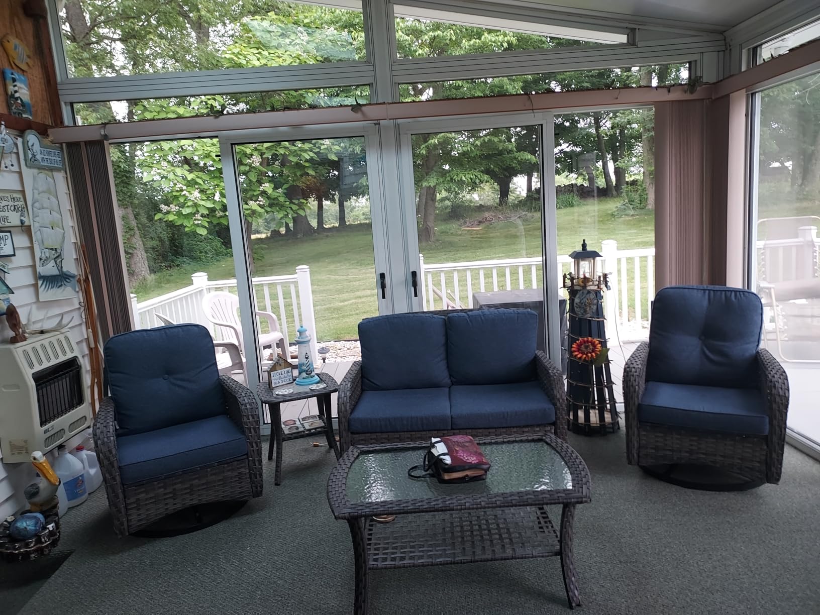 ovios 4-Piece Patio Furniture Set, Outdoor Wicker Sofa with Chairs Coffee Table, High Back Rattan Couch Loveseat with Comfy Cushions for Porch Yard Deck, Denim Blue customer photo 2