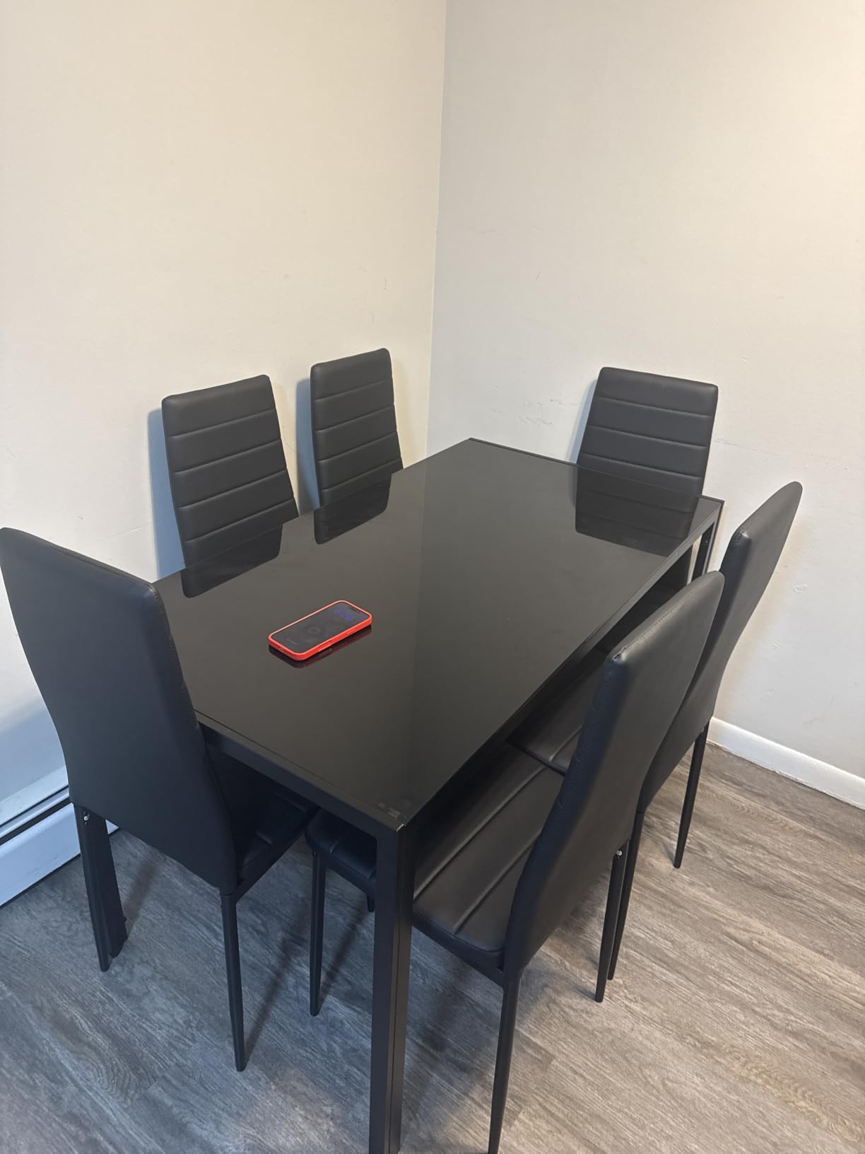 Bealife Kitchen Dining Table Set for 6, Tempered Glass 7 Piece - Black | PU Leather Modern Dining Room Furniture, Space Saving Table and Chairs Set for Home, Kitchen, Living Room, Dining Room customer photo 1