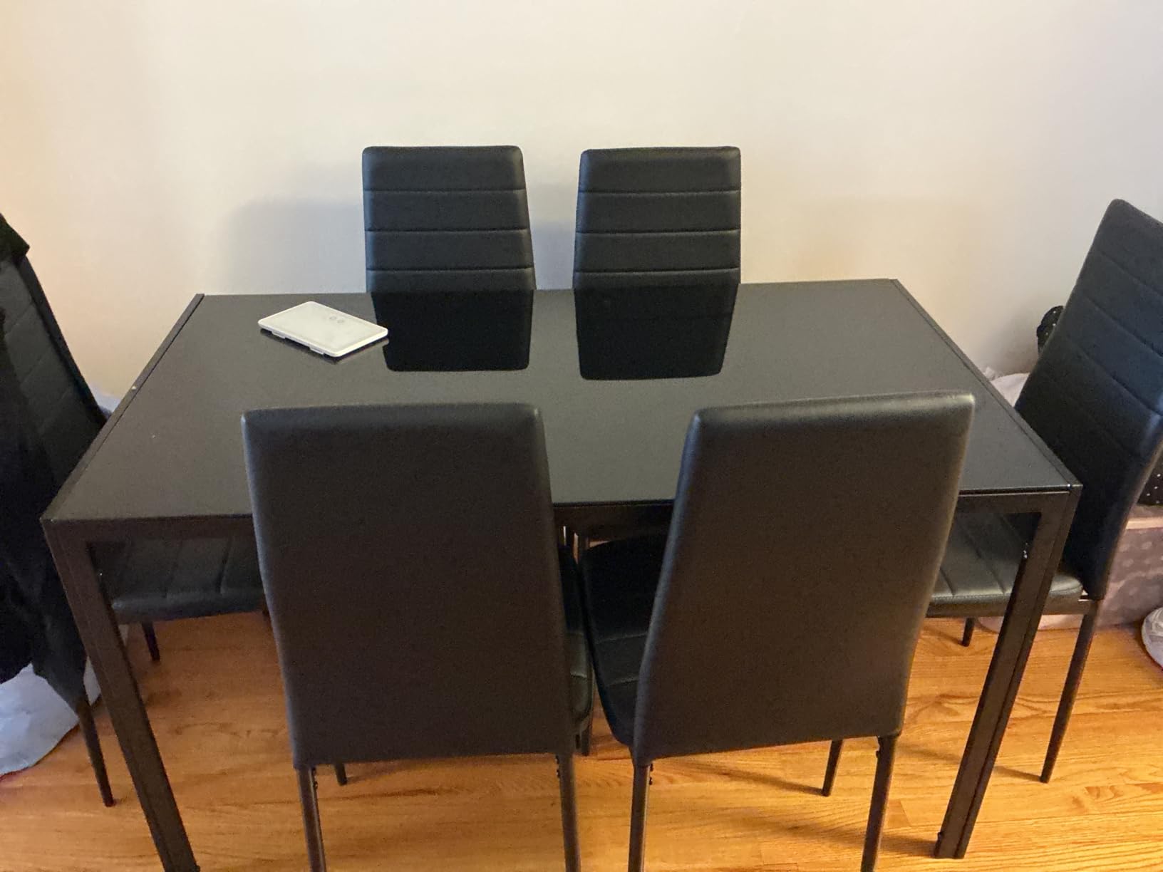 Bealife Kitchen Dining Table Set for 6, Tempered Glass 7 Piece - Black | PU Leather Modern Dining Room Furniture, Space Saving Table and Chairs Set for Home, Kitchen, Living Room, Dining Room customer photo 2