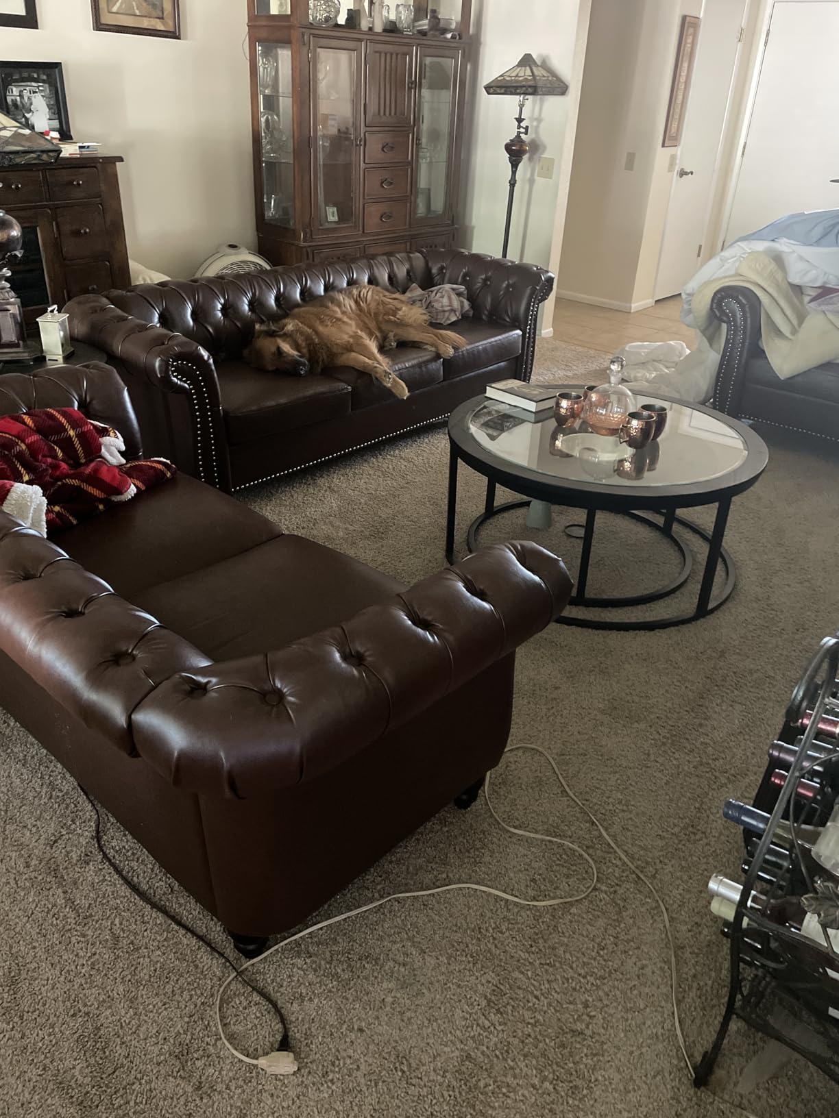 3 Piece Living Room Set, Chesterfield Leather Sofa Loveseat Couch Chair with Scroll Arms and Nailhead for Living Room, Office (Dark Brown) customer photo 1
