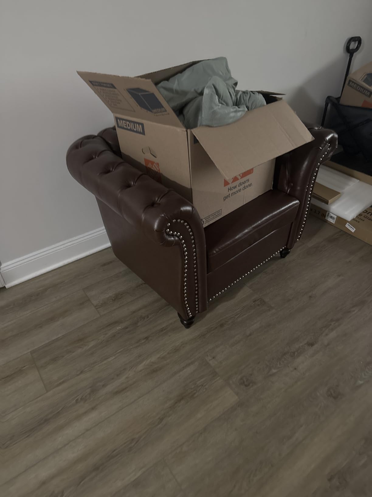3 Piece Living Room Set, Chesterfield Leather Sofa Loveseat Couch Chair with Scroll Arms and Nailhead for Living Room, Office (Dark Brown) customer photo 2