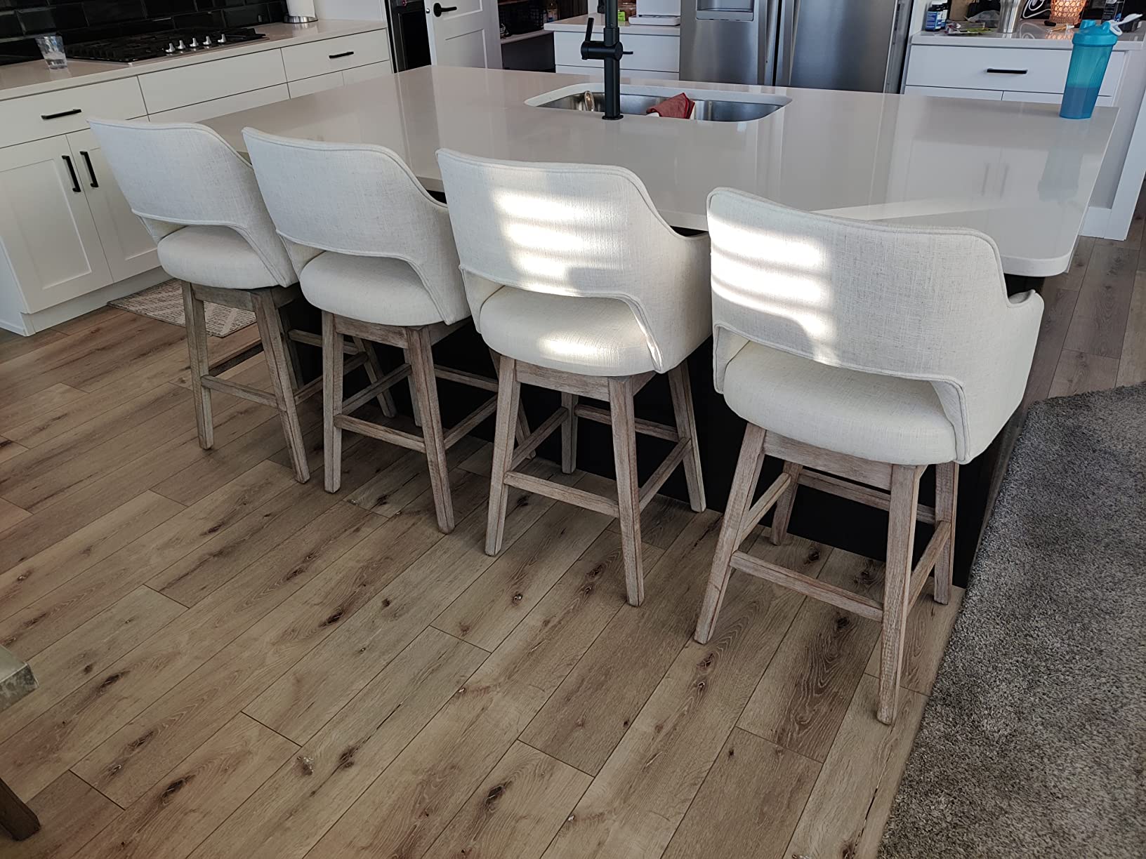 27 inch Counter Height Bar Stools Set of 2 for Kitchen Island, Linen Fabric 360°Swivel Barstools with Back and Wood Legs Upholstered Stool Chairs for Home/Breakfast Bar, Beige customer photo 2