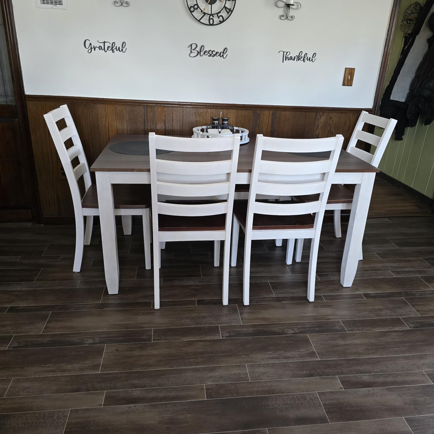 LUMISOL 6-Piece Farmhouse Dining Table Set for 6-7, Solid Wood Kitchen Table Set with Bench and Chairs, Rustic Table and Chairs Set for Kitchen, Dining Room, Walnut + Cottage White customer photo 1