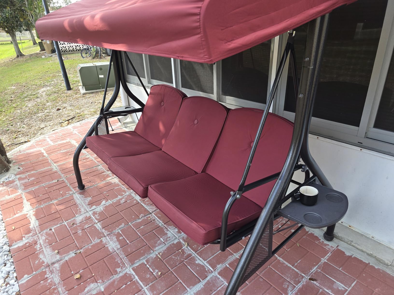 NOBLEMOOD Patio Porch Swing, 3-Seat Outdoor Swing with Adjustable Canopy, Waterproof Fabric Cushion, Pillow and Foldable Side Tray for Patio, Backyard, Porch Swing Bed for Spring customer photo 1
