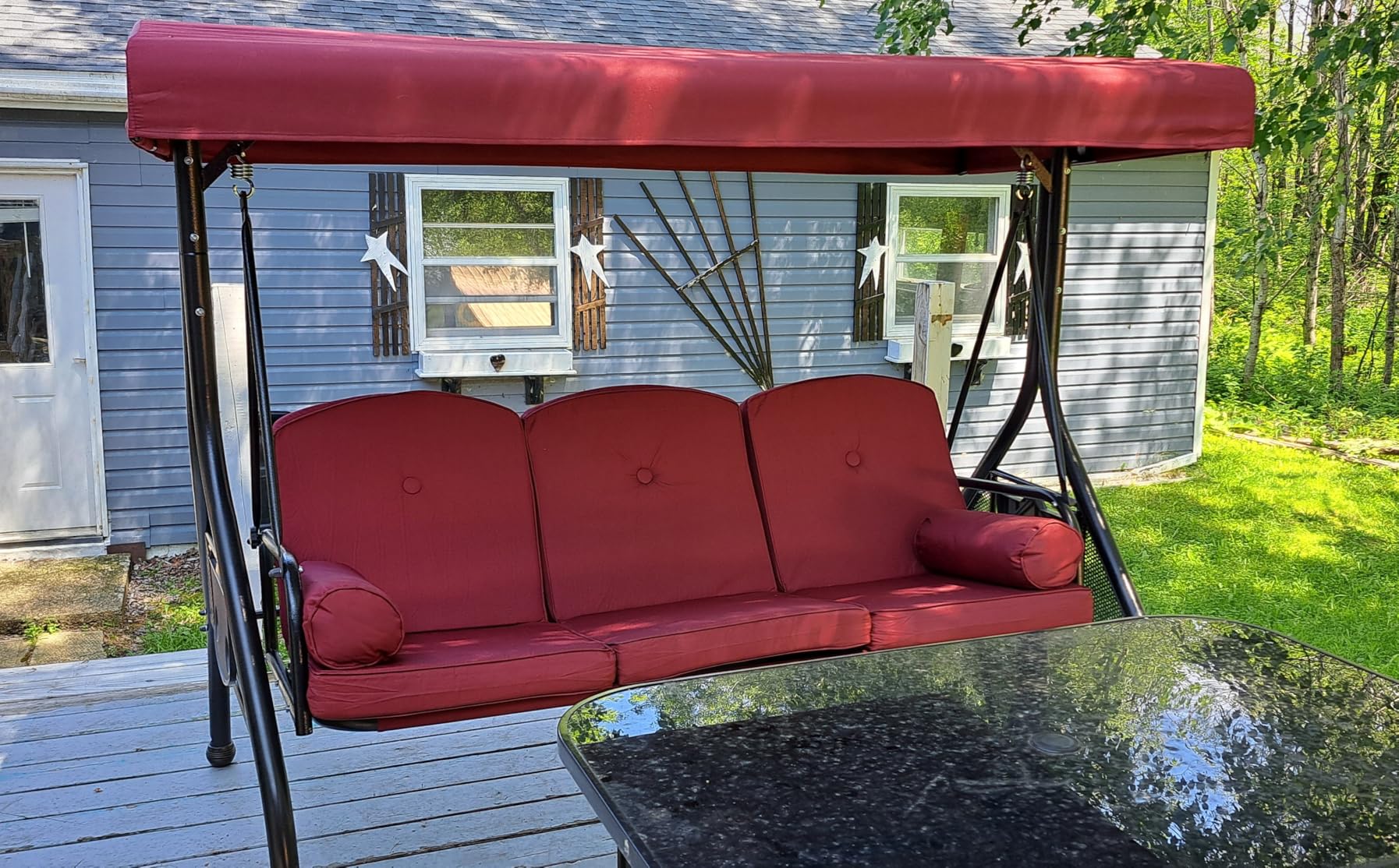 NOBLEMOOD Patio Porch Swing, 3-Seat Outdoor Swing with Adjustable Canopy, Waterproof Fabric Cushion, Pillow and Foldable Side Tray for Patio, Backyard, Porch Swing Bed for Spring customer photo 2