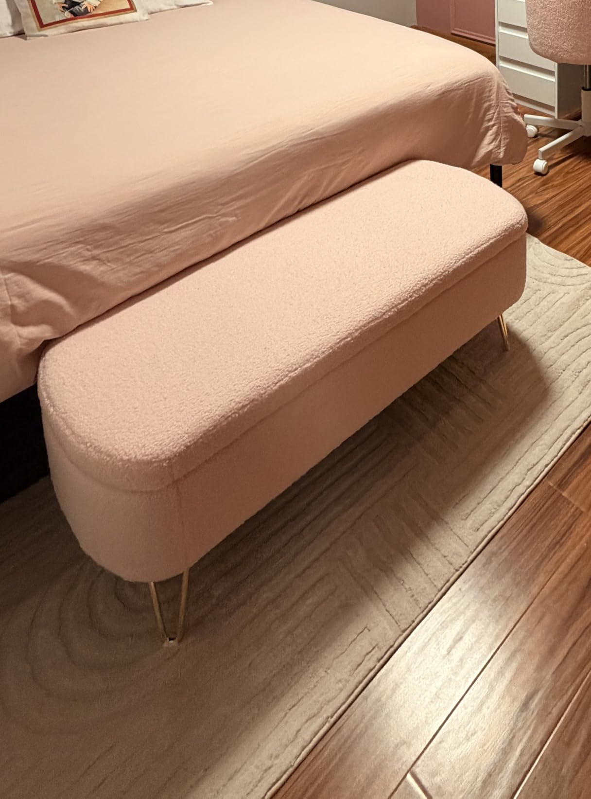 Modern Storage Ottoman Bench, Teddy Upholstered Entryway Bench with Gold Legs, Vintage End of Bed Bench with Safety Hinge, Padded Bench with Storage for Living Room, Bedroom, Entryway (Ivory) customer photo 1