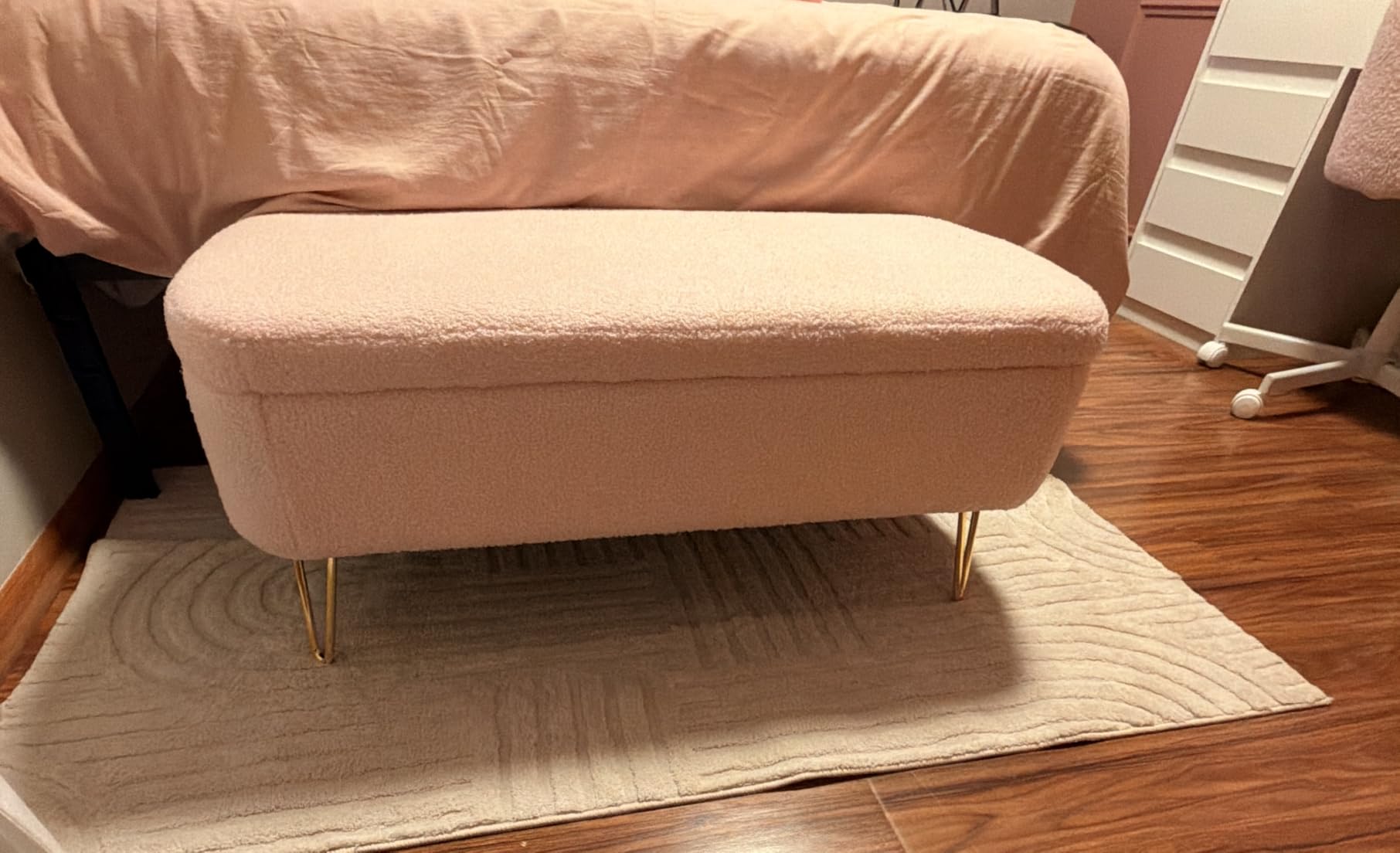 Modern Storage Ottoman Bench, Teddy Upholstered Entryway Bench with Gold Legs, Vintage End of Bed Bench with Safety Hinge, Padded Bench with Storage for Living Room, Bedroom, Entryway (Ivory) customer photo 2