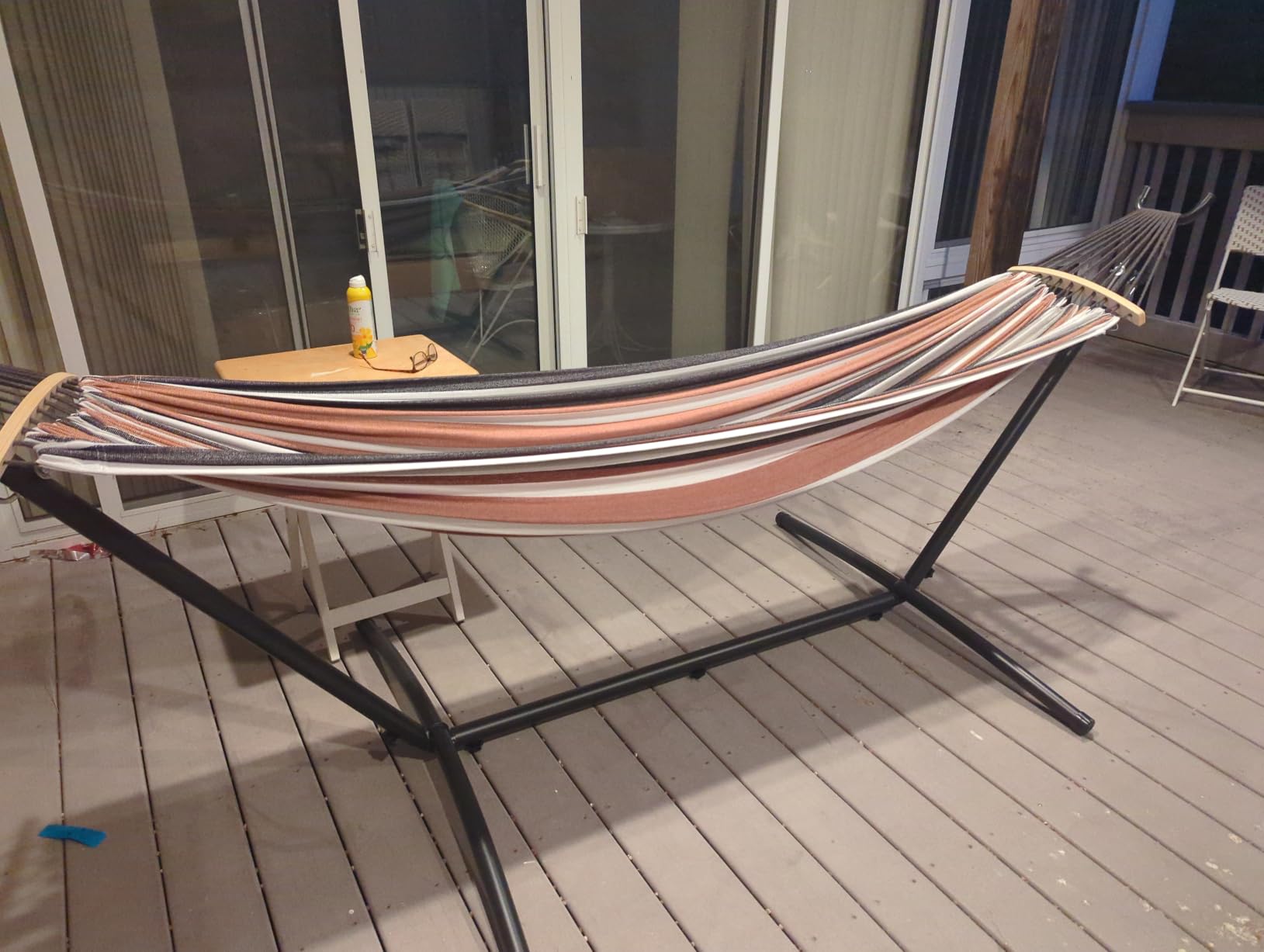 SZHLUX Double Hammock with Stand Included 450lb Capacity Steel Stand, Premium Carry Bag Included and Two Anti Roll Balance Beam, Portable Hammock with Stand for Backyard, Camping, Garden Brown Stripes customer photo 1
