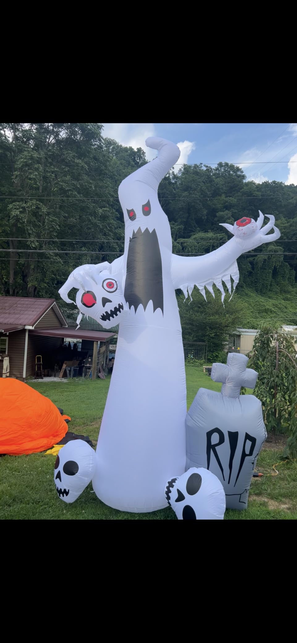 HOPOCO 12 FT Halloween Inflatables Outdoor Decorations Ghost with 3 Skulls | Halloween Blow Up Yard Decor, Inflatable White Ghost with Bleeding Eyeball Tombstone, Built-in LED for Garden Holiday Party customer photo 1