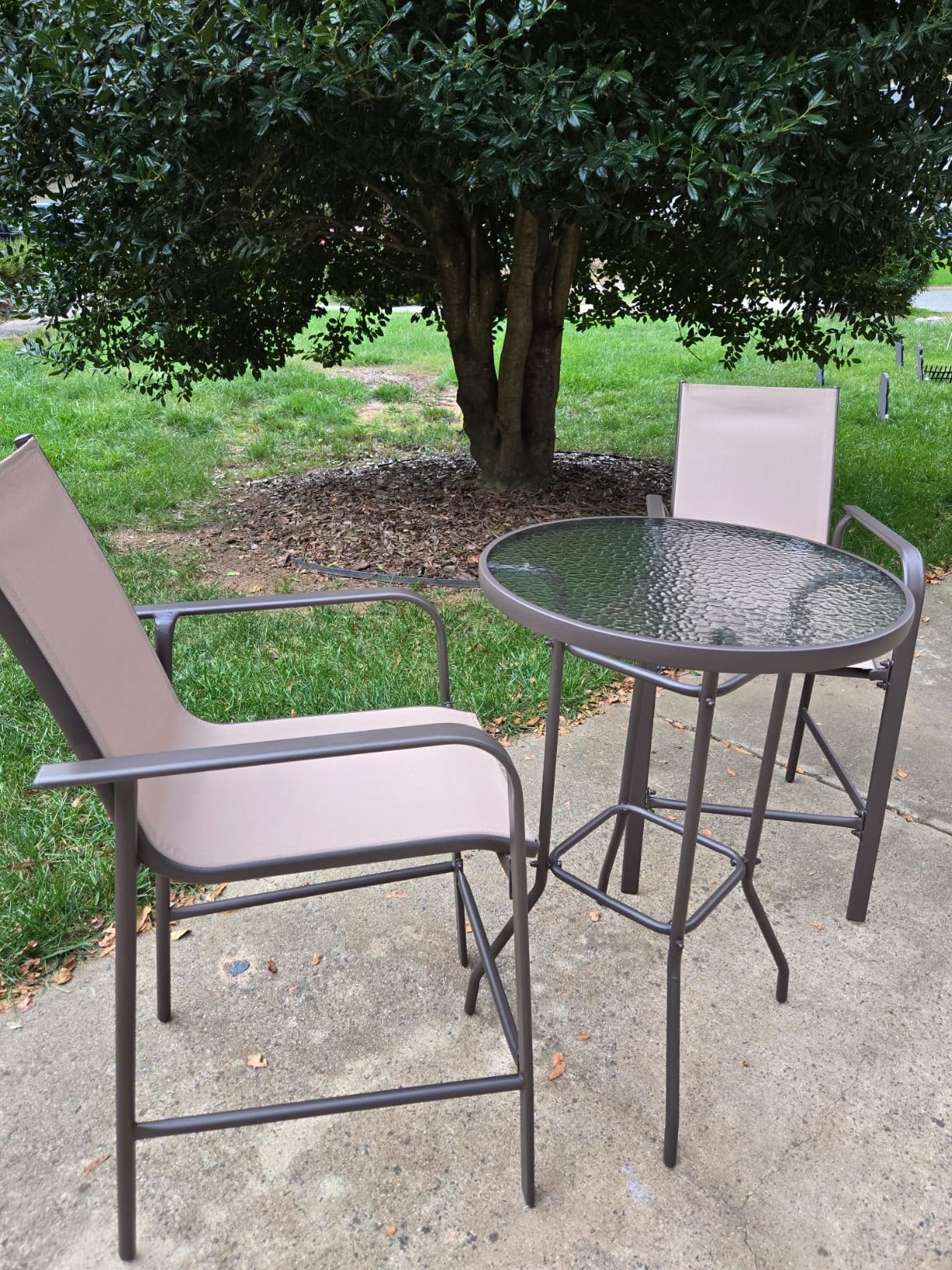 Tangkula 3 Pieces Outdoor Patio Bar Set, Outdoor Bistro Set with 2 Bar Stools and 1 Tempered Glass Bar Table, Bar Height Patio Table and Stools Set for Backyard, Garden, Lawn (Coffee) customer photo 2