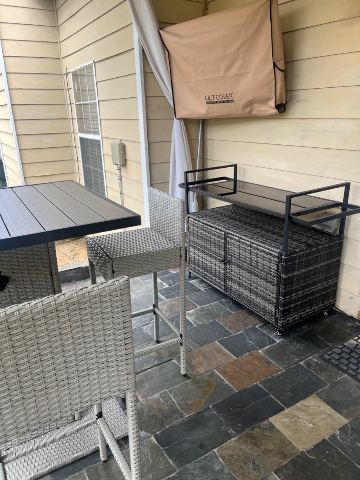 Outsunny PE Rattan Outdoor Storage Cabinet, Wicker Outdoor Bar Table Kitchen Island with Wheels & 2-Tier Shelf, Patio Serving Cart with Glass Top, Handles, Towel Racks for Poolside, Mixed Brown customer photo 1
