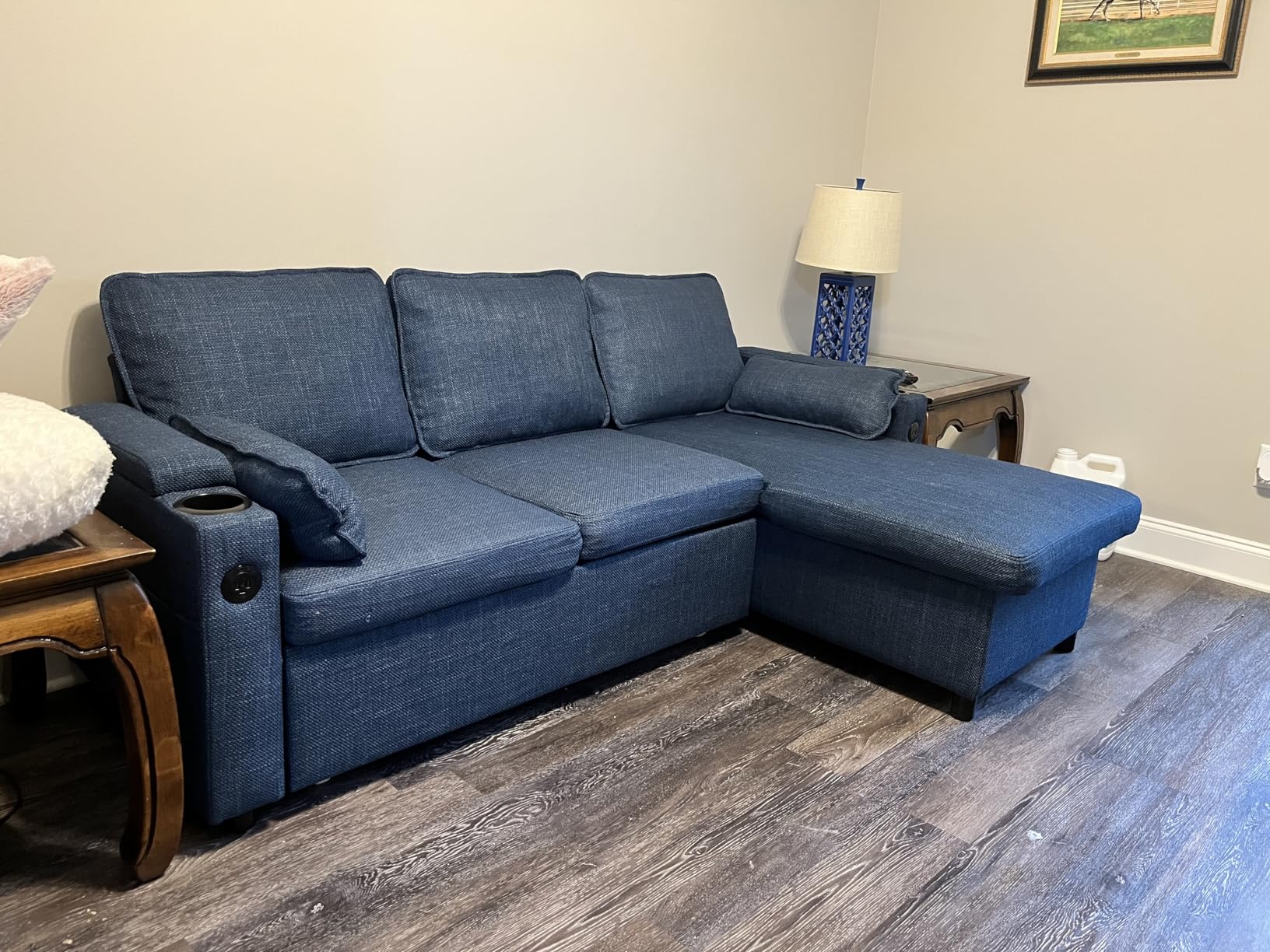 Sofa Bed Sleeper Pull Out 2 in 1 Sectional Sleeper Sofa Couches with Storage,USB, Cup Holder,Pullout Sectional Couches for Apartment Living Room (Blue) customer photo 2