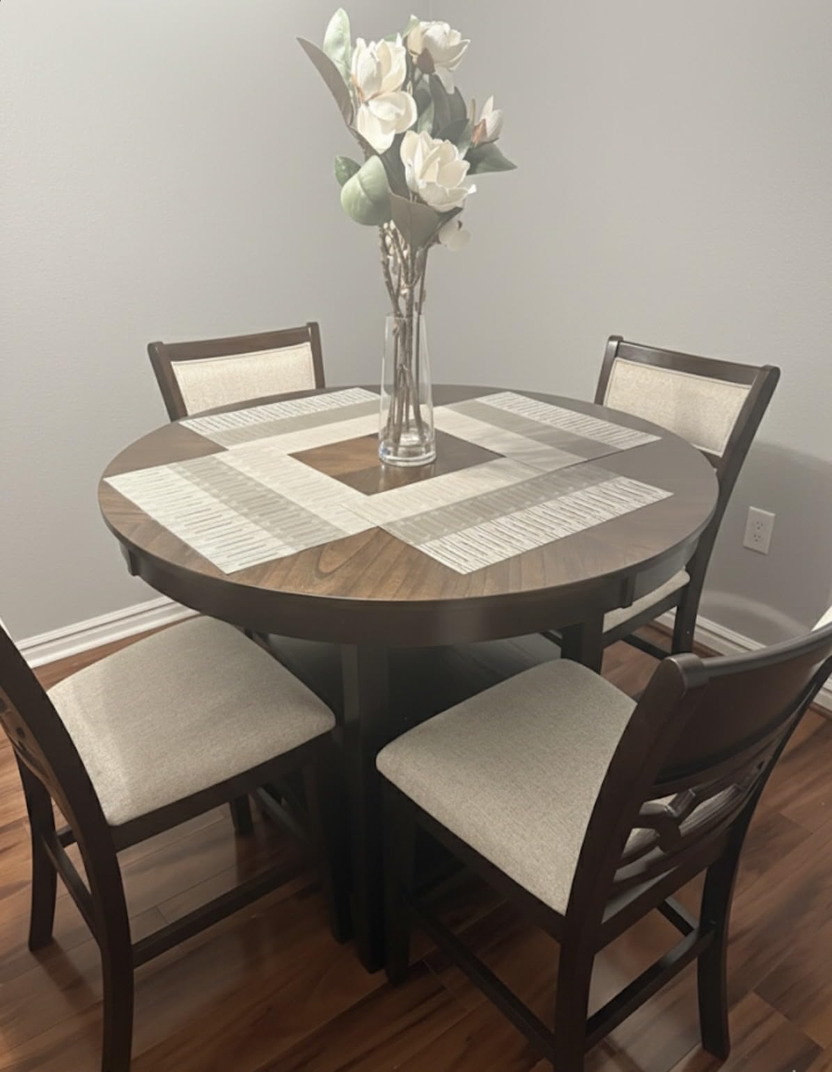 Signature Design by Ashley 5-Piece Round Counter Height Dining Set, Gray | 42-inch round dining table with 2 storage shelves, 4 upholstered bar stools, Wrenning Series customer photo 2