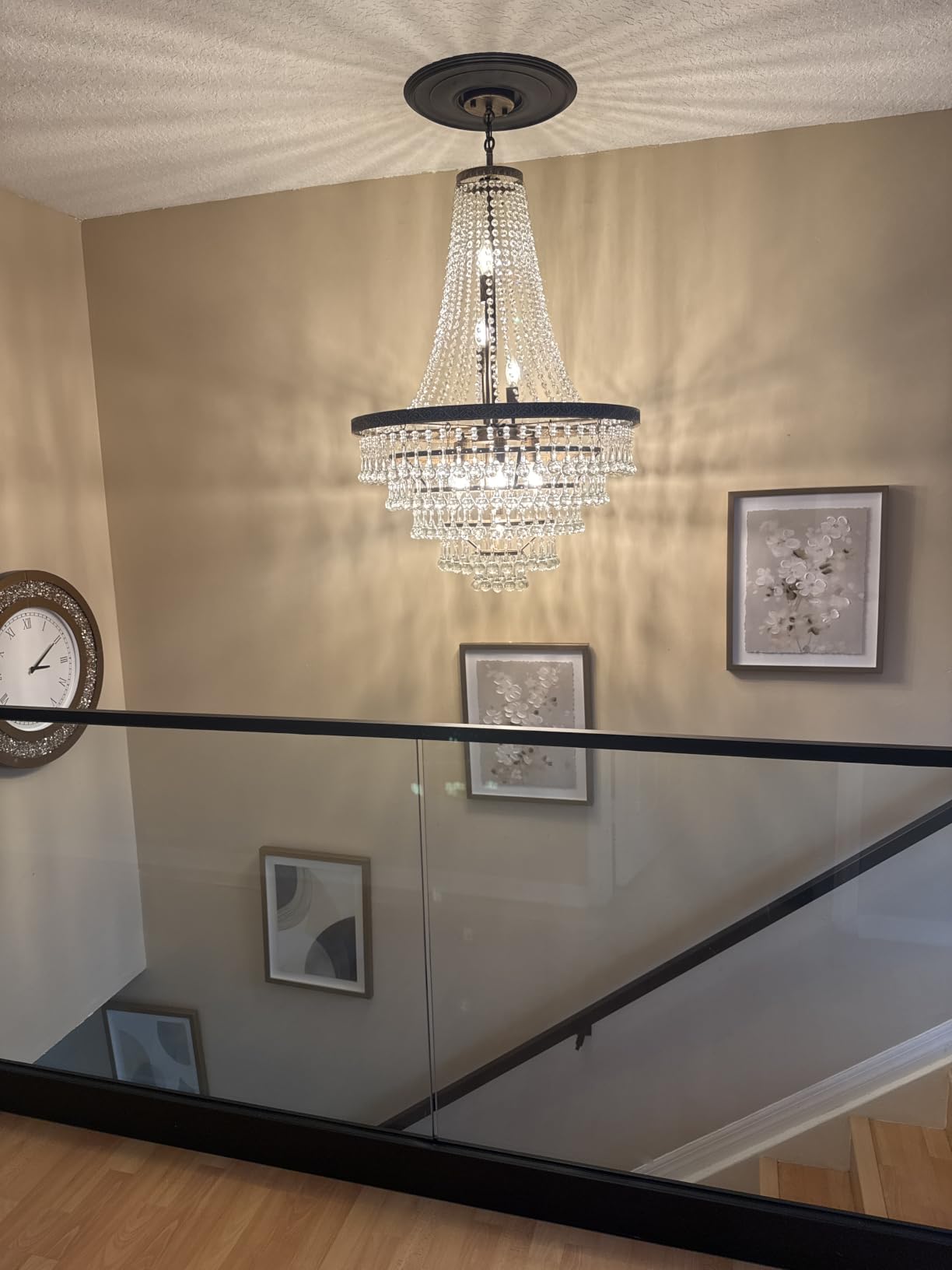 Wellmet French Empire Crystal Chandeliers, Antique Bronze Chandeliers 10 Lights, Rustic Farmhouse Chandelier High Ceiling Light Fixture for Entryway, Foyer, Dining Room, Staircase (Bronze, 28 Inches) customer photo 1