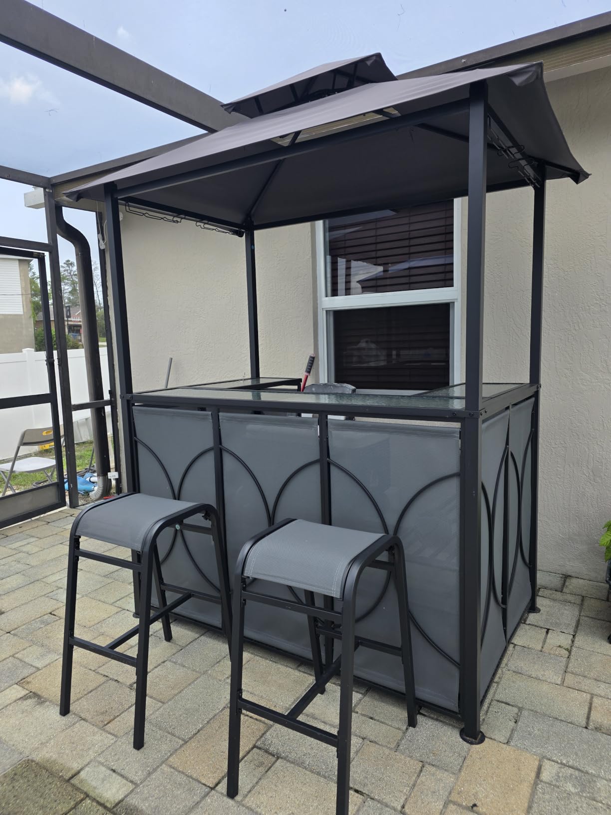 Tangkula 3-Piece Patio Bar Set, Grill Gazebo & 2 Bar Stools with Tempered Glass Bar Table, Metal Storage Shelves, Glass Holders, Double-Tier Soft Top Canopy BBQ Gazebo Shelter for Patio Garden (Brown) customer photo 1