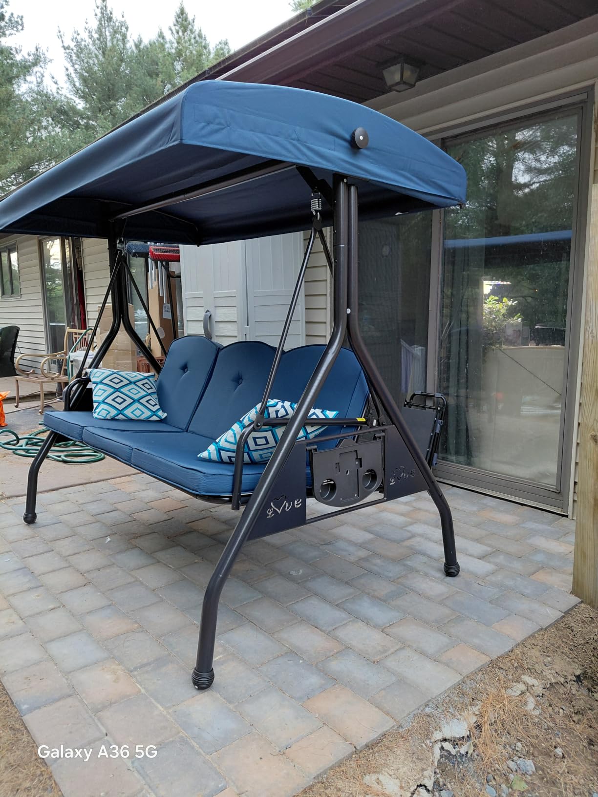 3 Seat Outdoor Porch Patio Swing with Stand 800lbs 2-in-1 Convertible Swing Bed with Adjustable Canopy & Removable Cushion for Yard Garden Deck (Khaki, Square Tube) customer photo 2
