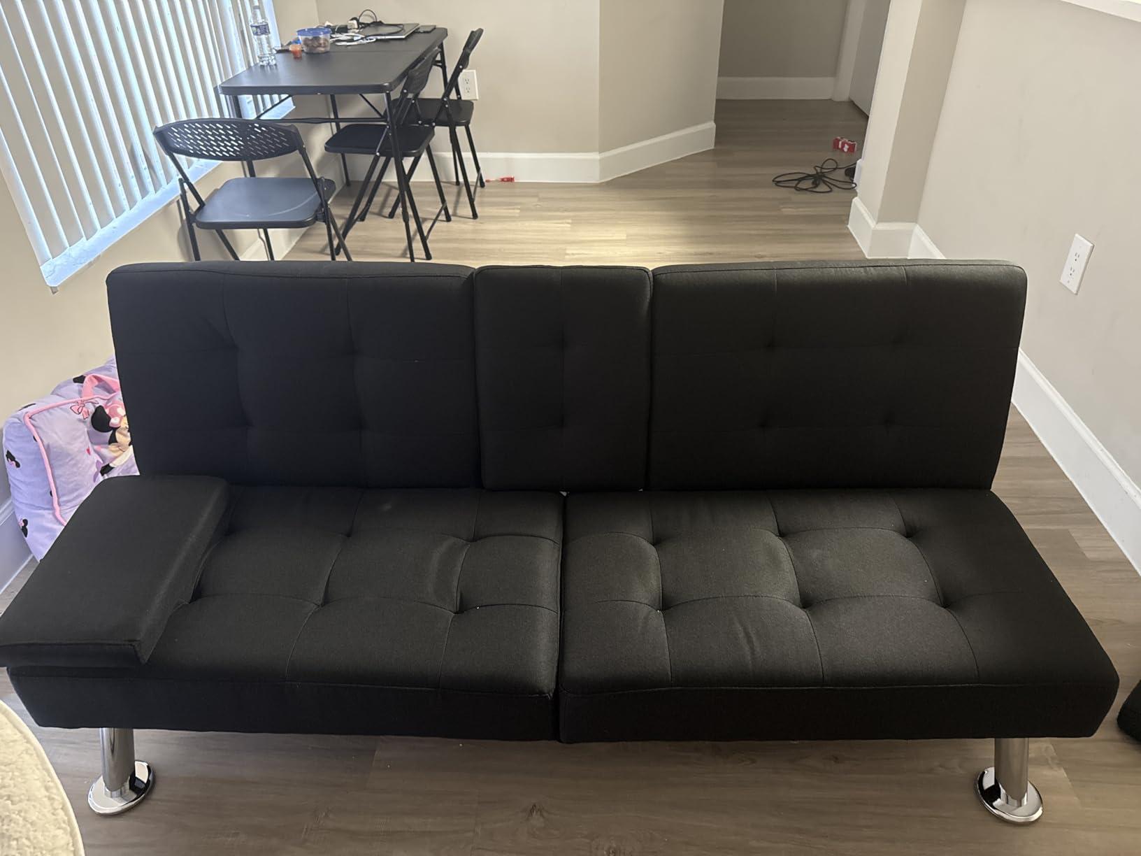 Shahoo Modern Linen Upholstered Convertible Folding Futon Sofa Bed with Removable Armrests, Metal Legs, 2 Cup Holders for Living Room, Black customer photo 2