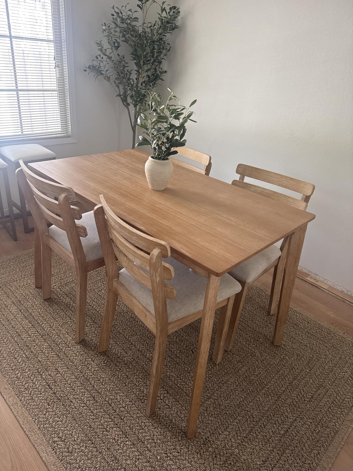 Farmhouse Dining Table Set for 4, Wooden Kitchen Table & Solid Wood Chairs | 4 Upholstered Chairs, Modern Rectangular Dining Room Table and Chairs for Kitchen, Small Spaces, Rubberwood Legs, 5-Piece customer photo 1