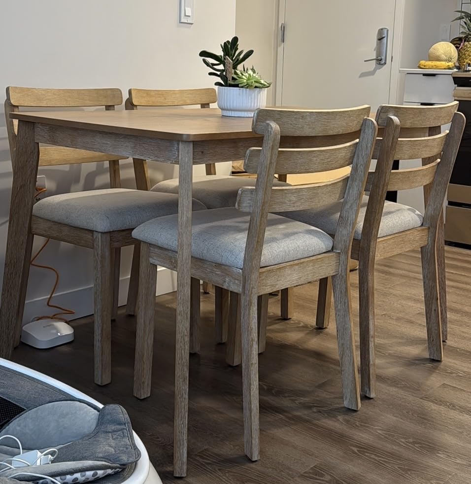 Farmhouse Dining Table Set for 4, Wooden Kitchen Table & Solid Wood Chairs | 4 Upholstered Chairs, Modern Rectangular Dining Room Table and Chairs for Kitchen, Small Spaces, Rubberwood Legs, 5-Piece customer photo 2