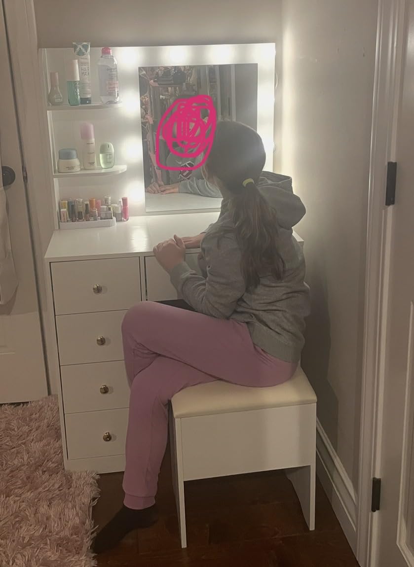 IRONCK Vanity Desk with Mirror and Lights, Small Makeup Vanity Table with 5 Drawers, Power Outlet, and Vanity Stool, 3 Lighting Colors, Dressing Table for Women Girls Bedroom, White customer photo 1