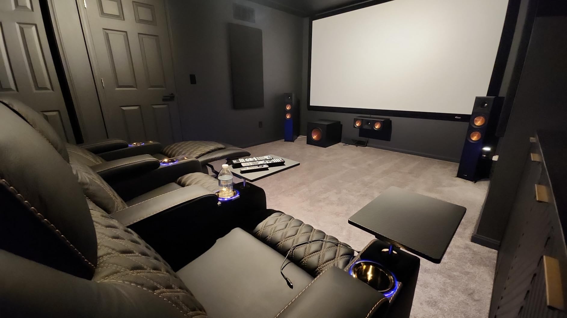 Home Theater Seating, Top Grain Leather Movie Recliner Sofa | Black Row of 4 Loveseat Middle, Power Headrest, Tray Table, Electric Reclining Chair for Media Room Living Room customer photo 1