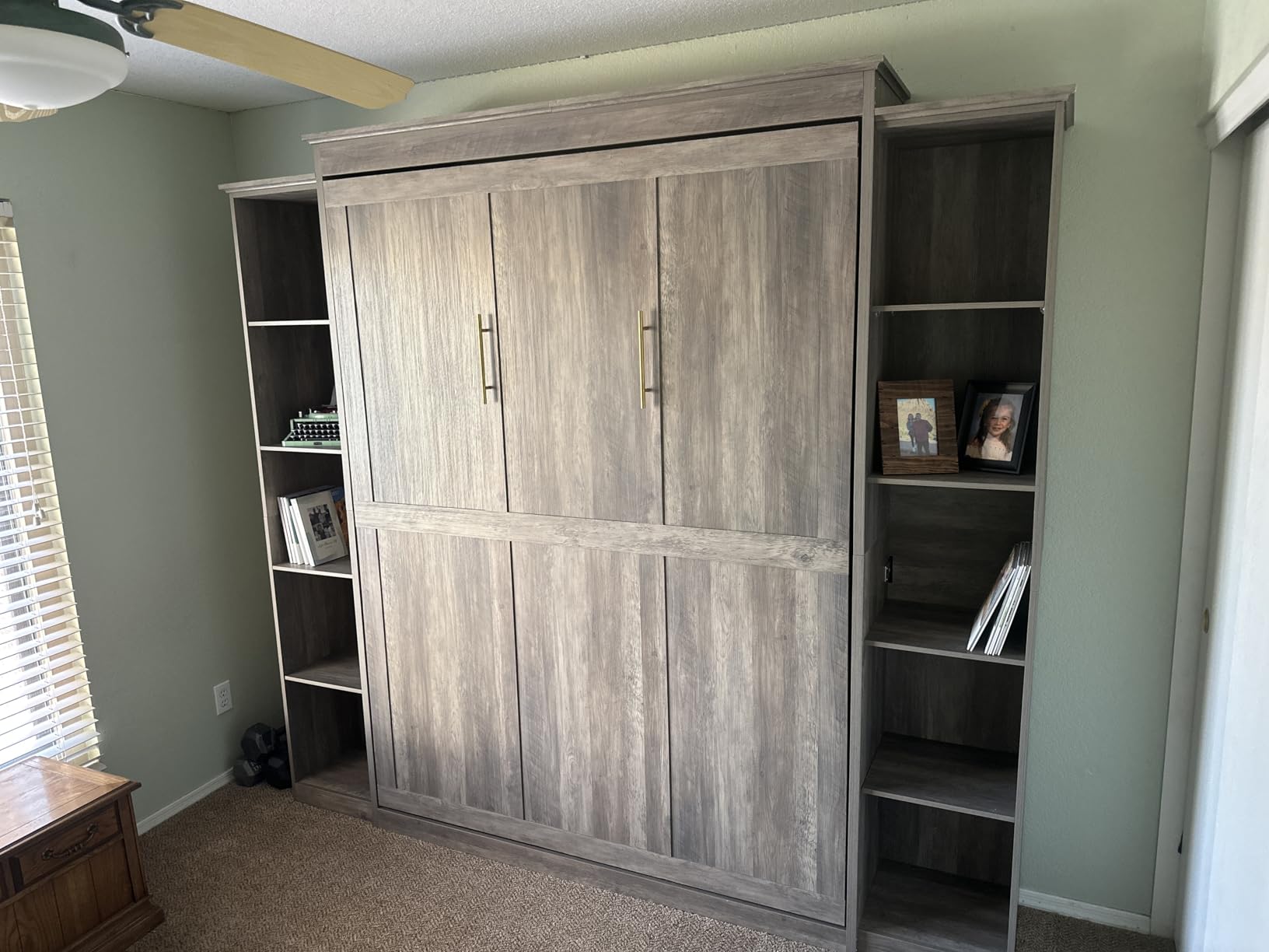 Queen Size Murphy Bed with 2 Storage Cabinet, Farmhouse Wood Hidden Foldable Wall Bed Frame, Space Saving Beds with Shelves, Murphy Bed Queen for Guest Room, Apartment,Office,Bedroom, Grey customer photo 1