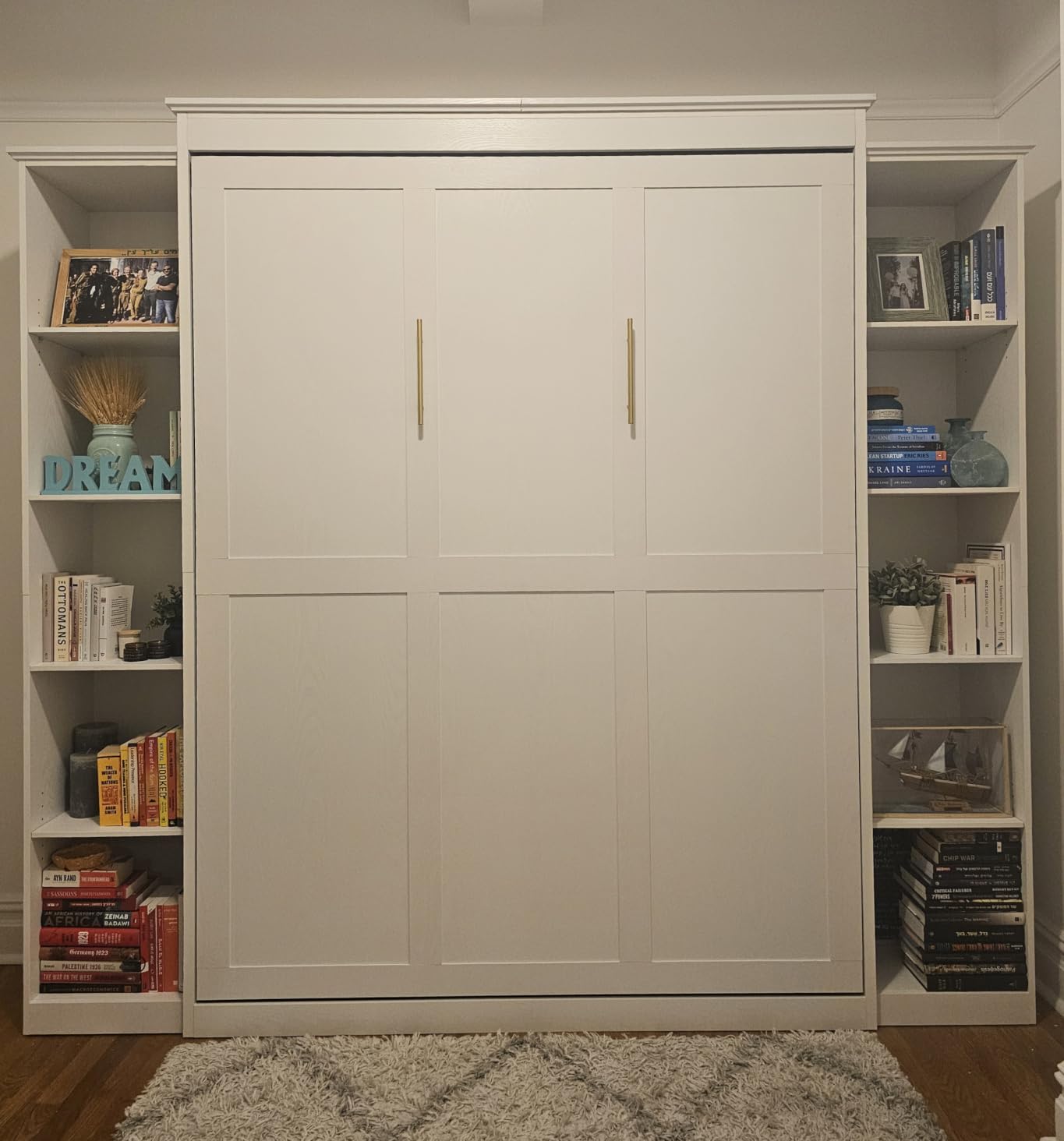 Queen Size Murphy Bed with 2 Storage Cabinet, Farmhouse Wood Hidden Foldable Wall Bed Frame, Space Saving Beds with Shelves, Murphy Bed Queen for Guest Room, Apartment,Office,Bedroom, Grey customer photo 2