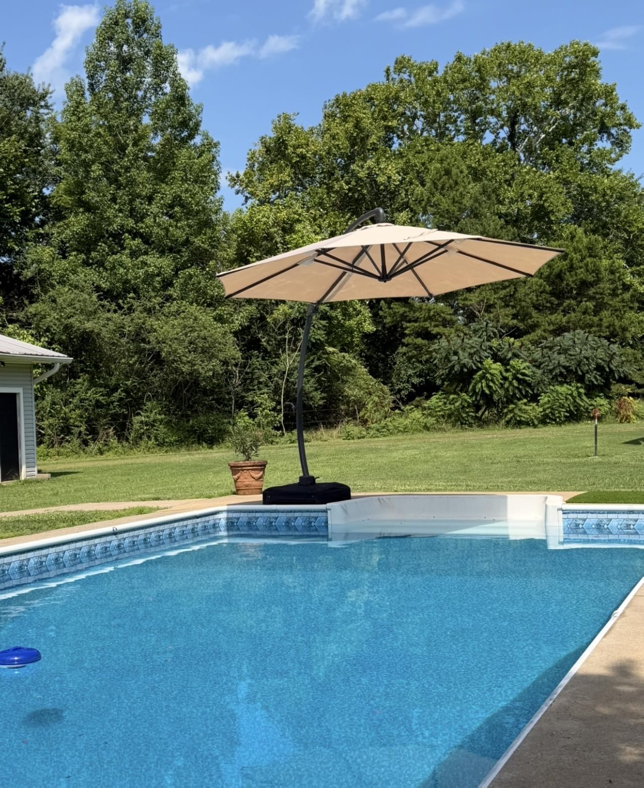 ENSTVER 11FT Cantilever Patio Umbrella With Base Included, Round Large Aluminum Outdoor Cantilever, Heavy Duty Offset Umbrella with 360°Rotation for Pool, Deck, Backyard, Garden(Champagne) customer photo 2