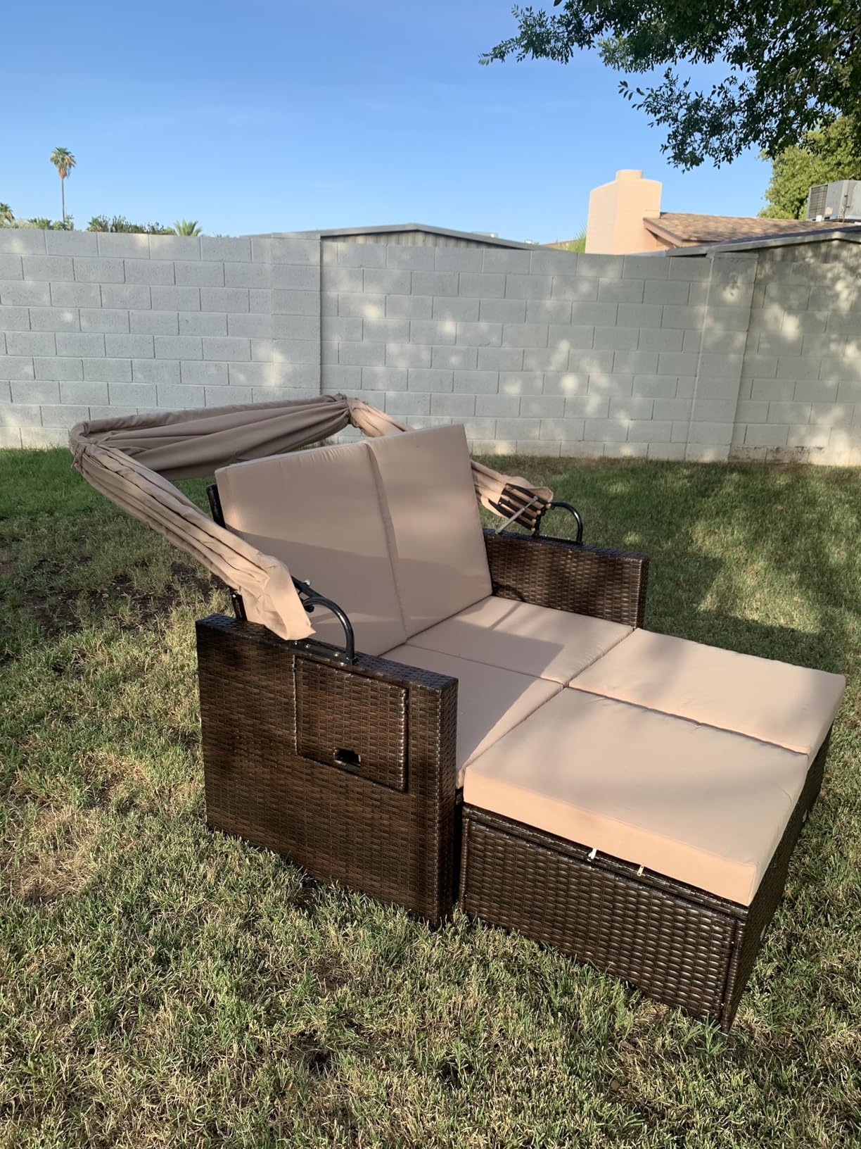 Moccha Outdoor Daybed with Retractable Canopy - Rattan Loveseat Sofa Set w/ Adjustable Backrests, 2 Folding Side Panels, Storage Ottomans, Double Bed Lounger for Garden Patio Furniture Set (Navy) customer photo 1