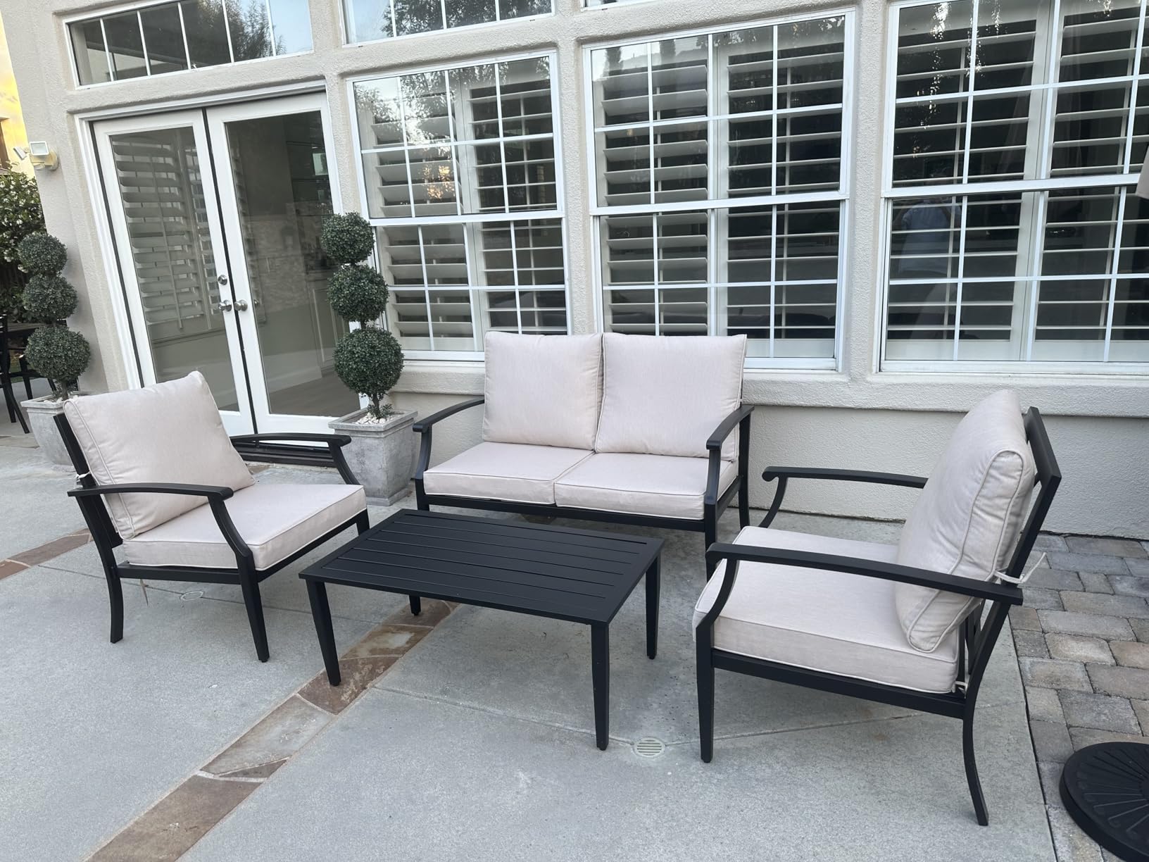 4-Piece Patio Furniture Set, Wider Outdoor Metal Seating Sofa with High Back & Loveseat, Coffee Table, All Weather Metal Conversation Set for Backyard, Poolside, Deck-Beige customer photo 2