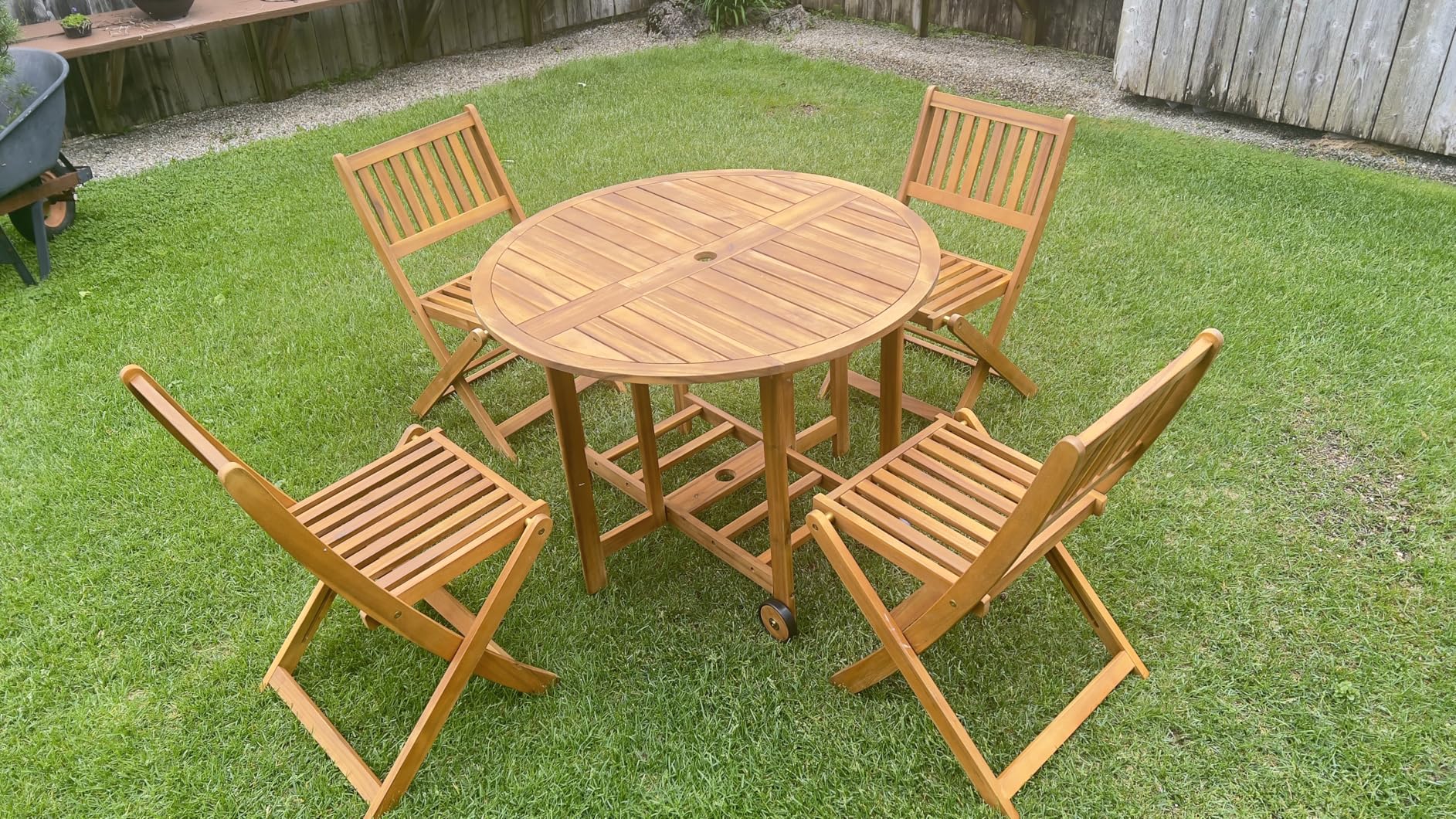 Devoko 5 PCS Patio Furniture, Patio Dining Set Acacia Wood Outdoor Table and Chairs, with 4 Folding Chairs and 37