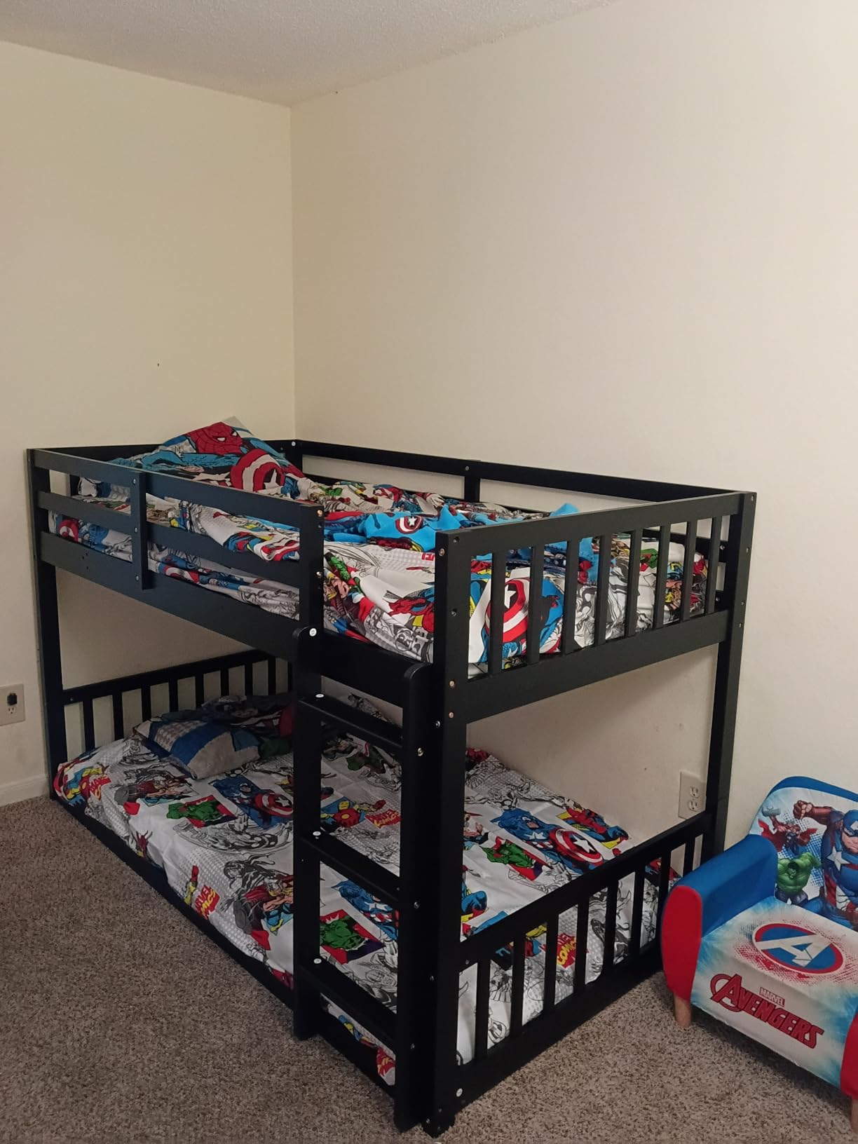 JOYMOR Solid Wood Low Twin Over Twin Bunk Bed for Kids/Junior, Bunk Bed Frame with Guardrails & Ladder for Boys Girls, No Box Spring Needed (Black) customer photo 2