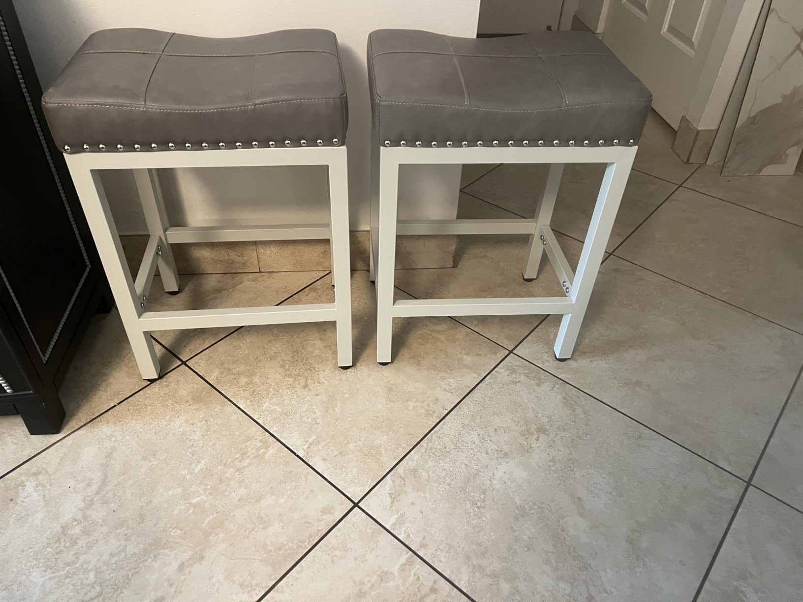 DUMOS 24 Inch Counter Height Bar Stools Set of 2, Kitchen Island, Grey | Backless Saddle Seat, PU Leather, Metal Base, Footrest, Dining Room, Kitchen, Living Room customer photo 1