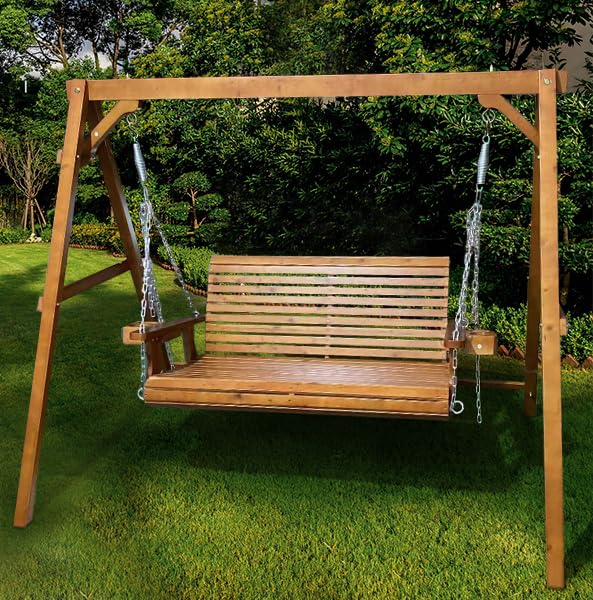 Real Relax Front Porch Swing, Wooden 2-Seater Outdoor Hanging Patio Swing Chair with Cup Holders, Upgraded 22