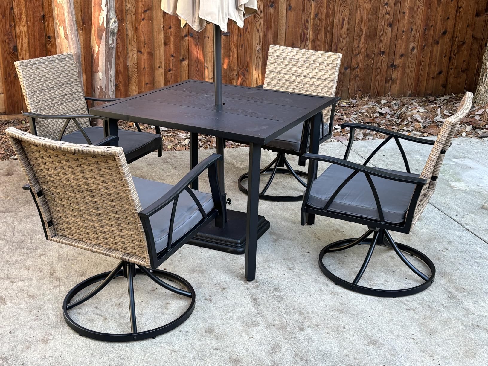 7-Piece Patio Dining Set for 6, Outdoor Dining Set with Wicker Swivel Patio Dining Chairs with Cushions & Black Rectangular Woodgrain Dining Table with 1.75