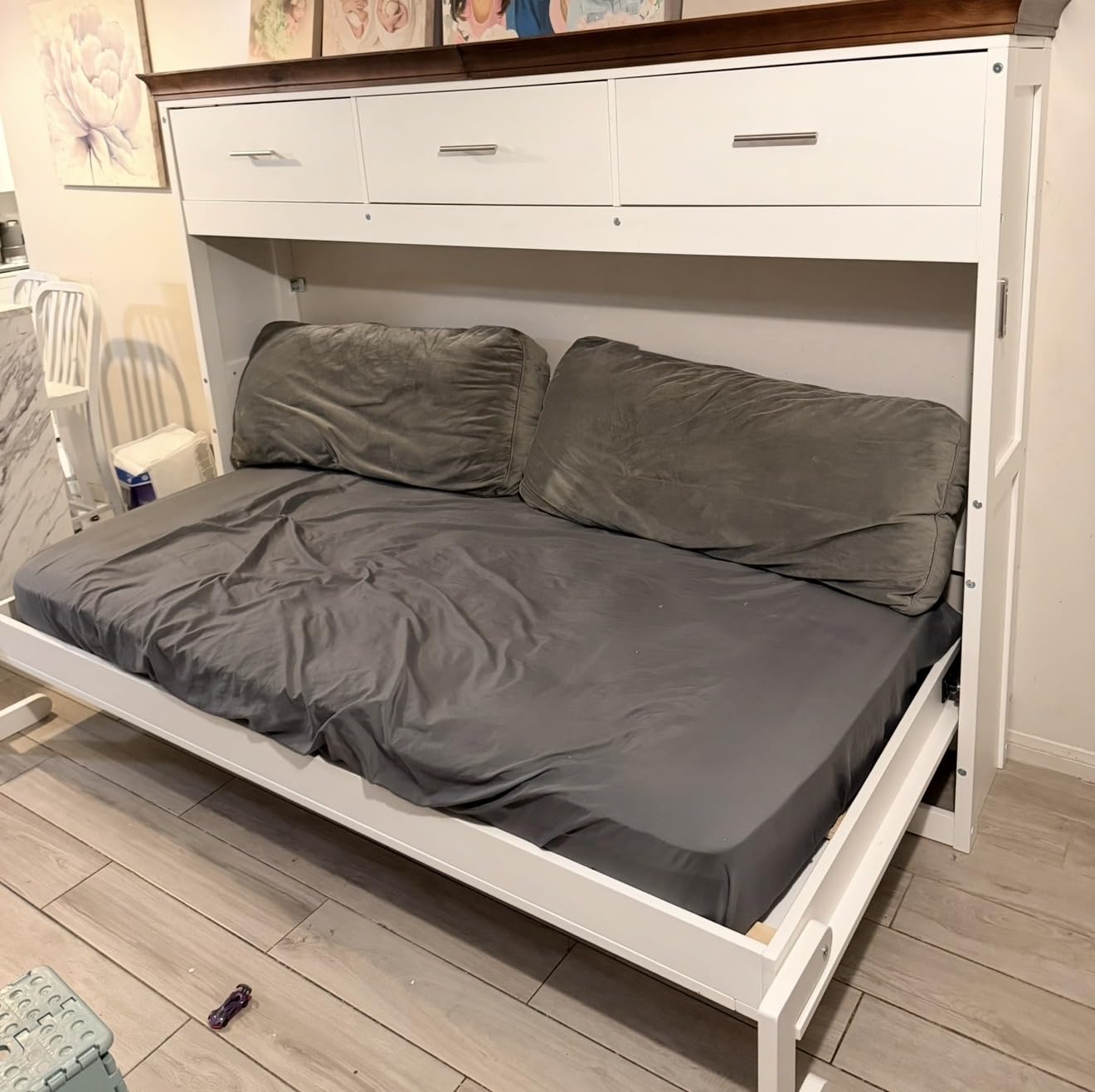 SOFTSEA Twin Size Horizontal Murphy Bed with Storage Drawers, White | Farmhouse Wall Bed Cabinet, Walnut Top, Space-Saving for Guest Room Home Office customer photo 1