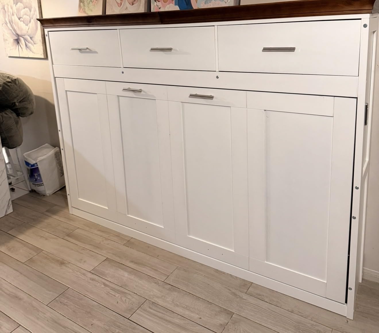 SOFTSEA Twin Size Horizontal Murphy Bed with Storage Drawers, White | Farmhouse Wall Bed Cabinet, Walnut Top, Space-Saving for Guest Room Home Office customer photo 2