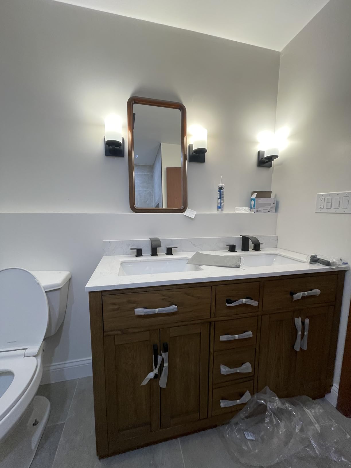 48-inch Dark Walnut Bathroom Vanity with Sink, Solid Wood, 0.79-inch Stone Countertop and Backsplash, 9 Drawers, 2 Soft Closing Doors customer photo 1