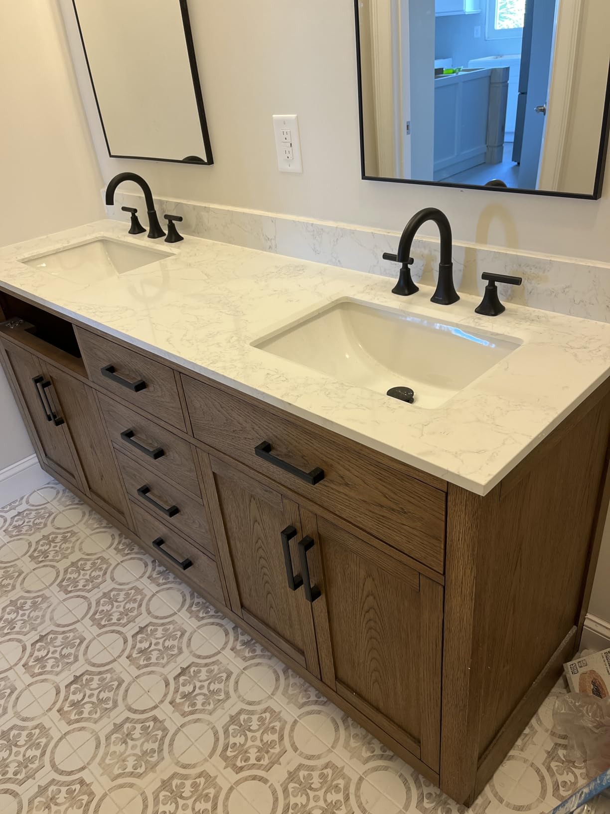 48-inch Dark Walnut Bathroom Vanity with Sink, Solid Wood, 0.79-inch Stone Countertop and Backsplash, 9 Drawers, 2 Soft Closing Doors customer photo 2