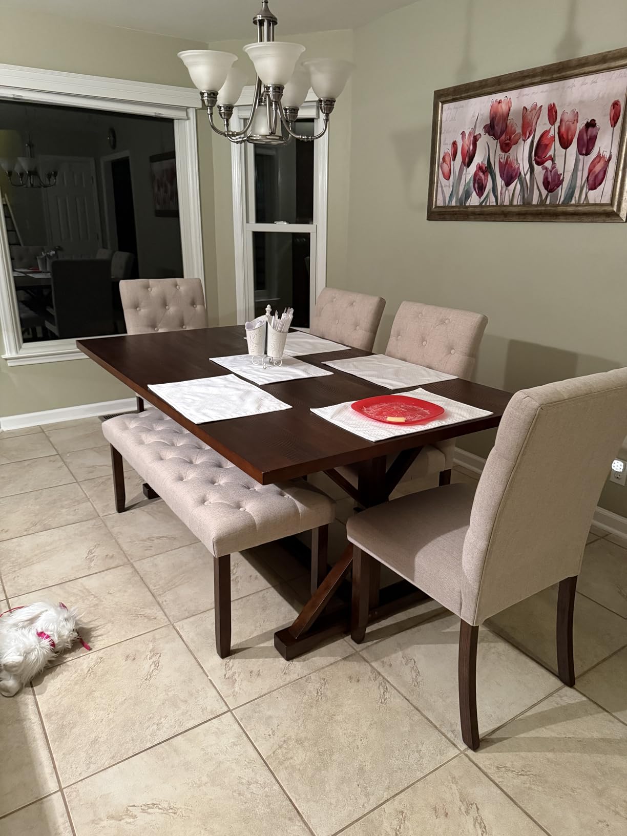 Farmhouse Dining Table Set for 6, Dining Table with Bench and Chairs, 6 Piece Kitchen Table Set Solid Wood Dining Room Set with Trestle Table Legs (Natural Wood Wash) customer photo 1