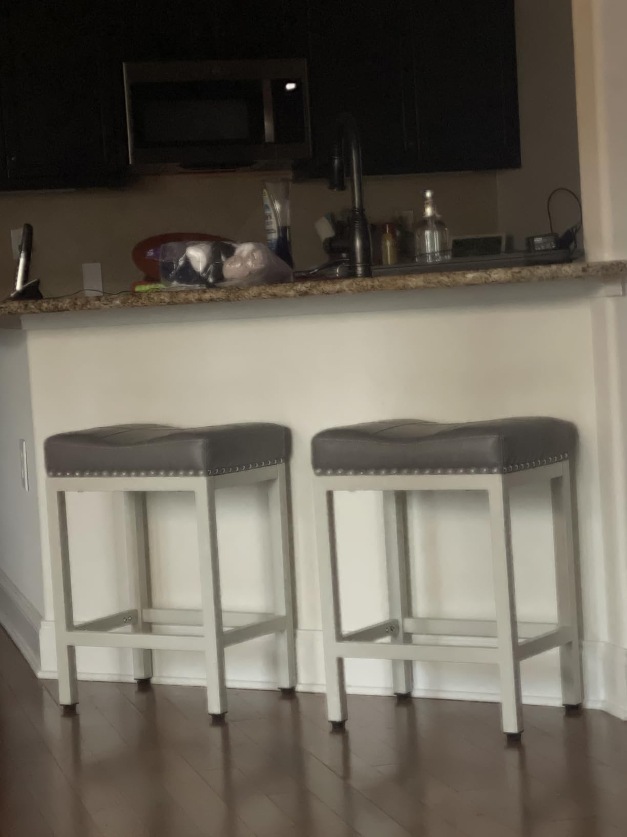 Sweetcrispy 24 Inch Bar Stools Set of 2, Counter Height Barstools for Kitchen Island, PU Leather Upholstered Modern Sadle Barstools with Metal Base and Footrest for Home Bar, Small Apartment, Grey customer photo 1