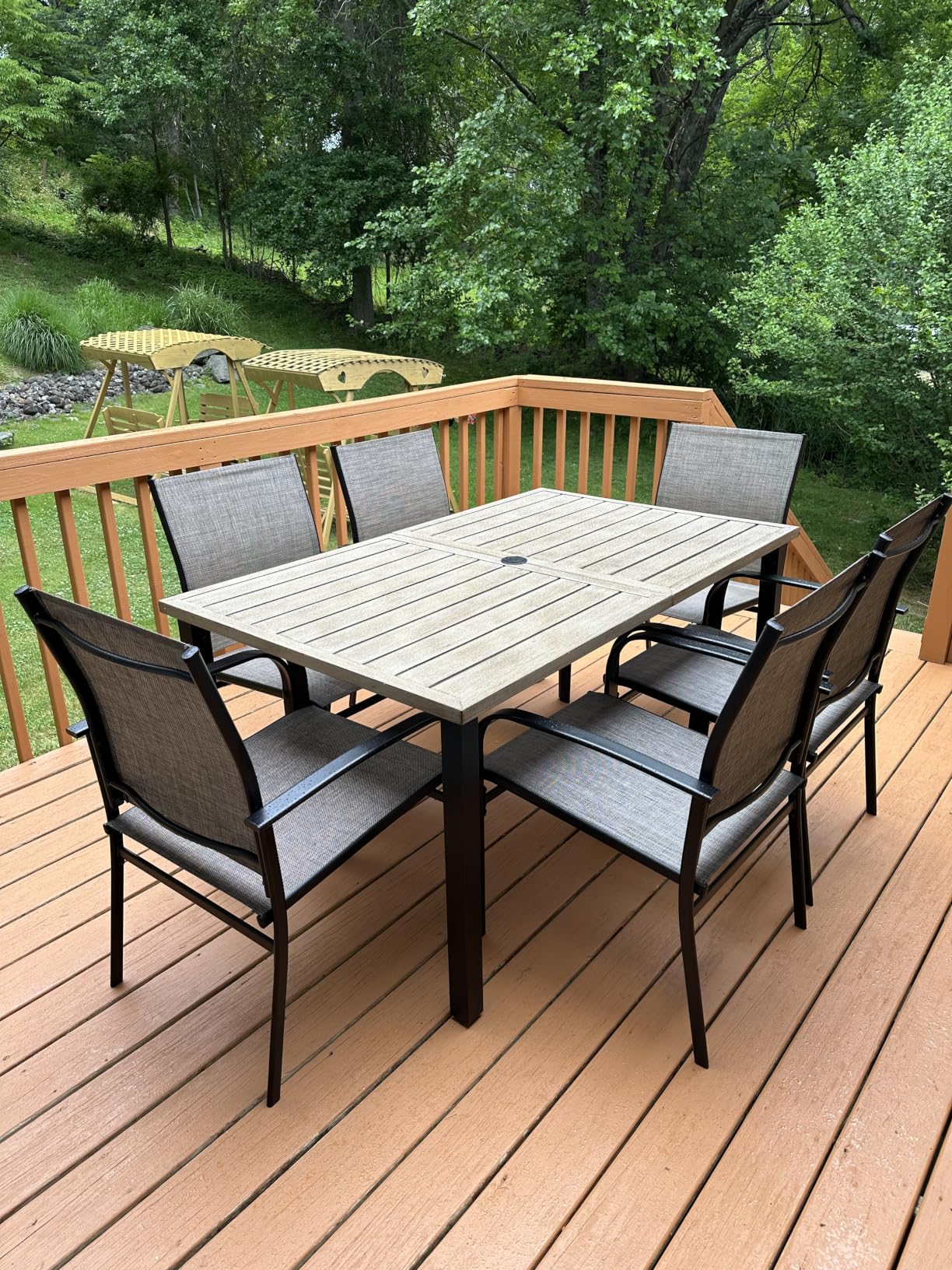 HERA'S HOUSE 7pc Patio Dining Set, Outdoor Wood-Like Metal Table & 6 Chairs | Brown textilene chairs + 60