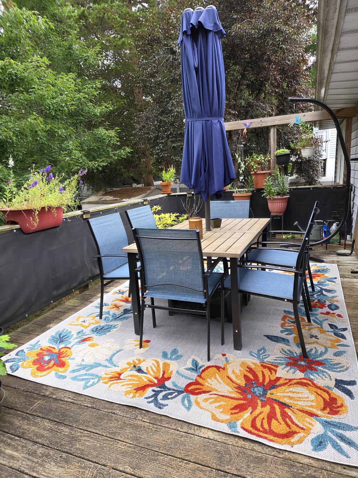 HERA'S HOUSE 7pc Patio Dining Set, Outdoor Wood-Like Metal Table & 6 Chairs | Brown textilene chairs + 60