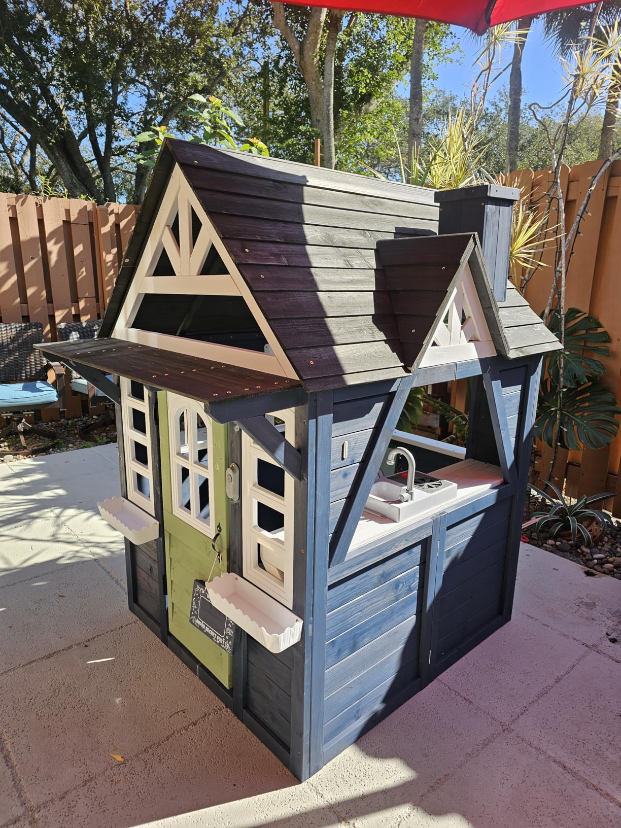 YOFE Kids Playhouse Outdoor, Wooden Play House Playset for Kids, Large, Sturdy, Realistic Design with Kitchen, Doorbell, Flower Pot, Stove, Sink & Clock, Perfect for Kid Ages 3-8 (Blue) customer photo 2
