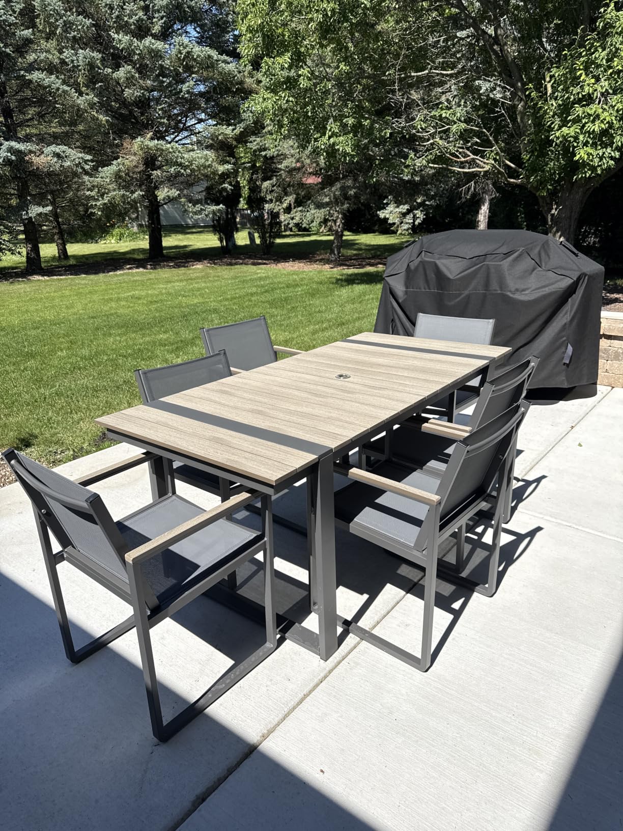 Outdoor Dining Set, Patio Table and Chairs Set, 7 Piece HDPS + Aluminum Patio Furniture Set with Umbrella Hole, Patio Dining Table Set (Gray-Teak) customer photo 2