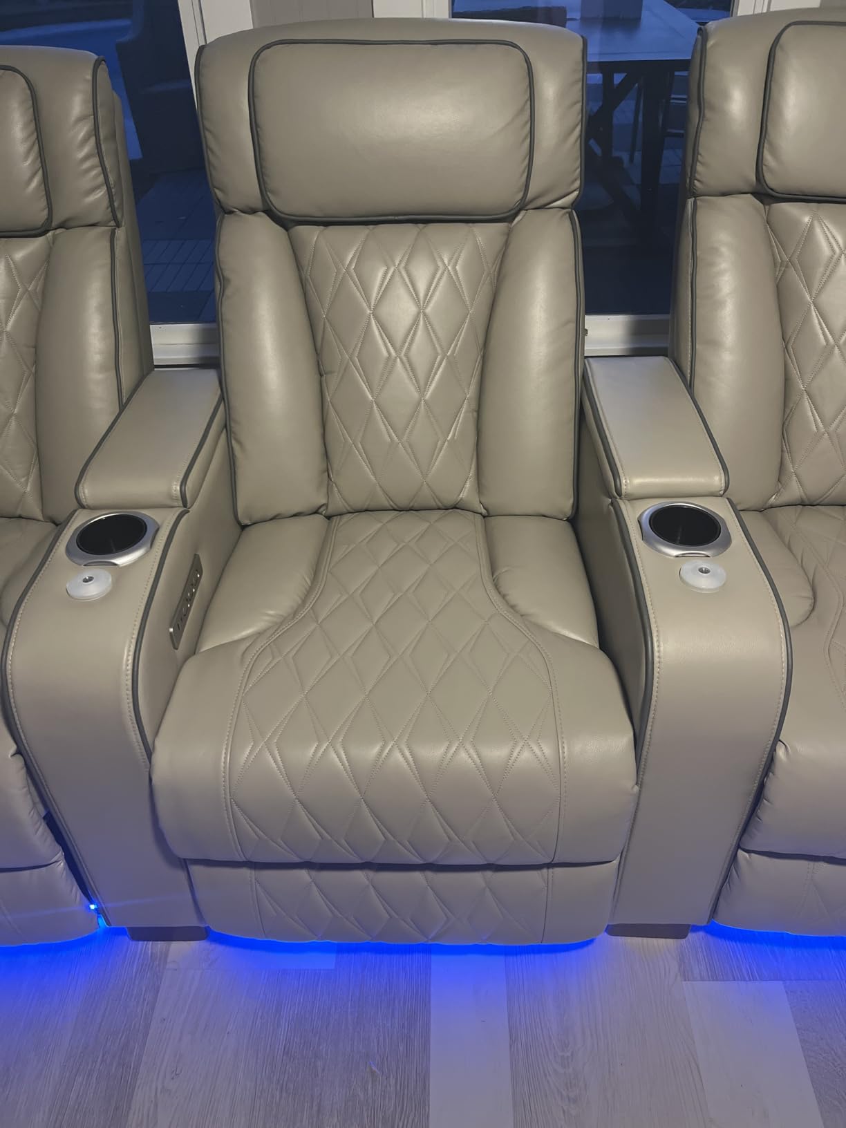 Luxury Home Theater Seating with Electric Headrest (Grey, 3 Seat) | Blue LED Ambient Lighting, Armrest Storage, Extended Footrest, Tray Table, USB & Type-C Charging, Cinema-Style Comfort customer photo 1